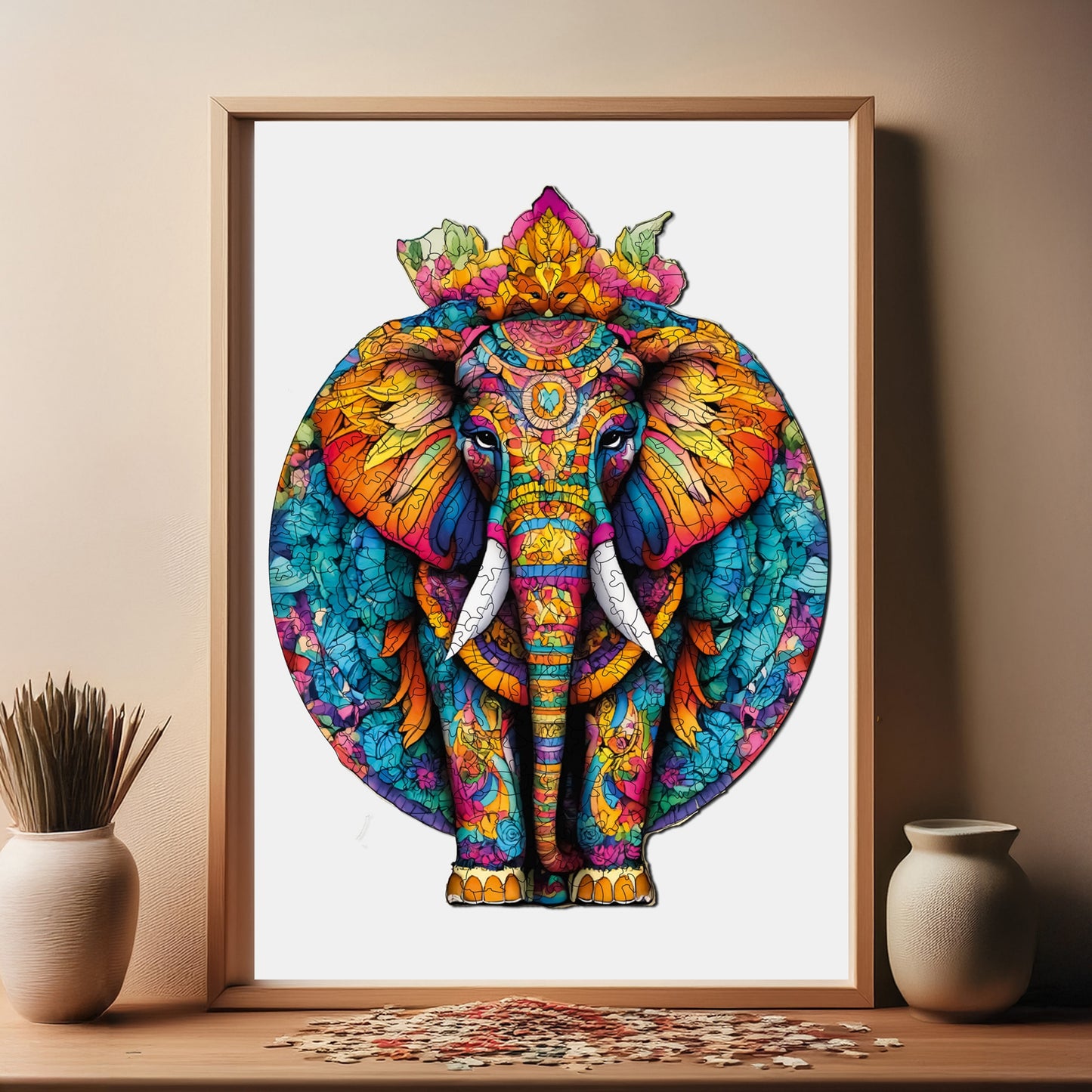 Holzpuzzle für Erwachsene, Mandala-Elefant, Premium-Puzzle, 220 Teile, anspruchsvolles Holzpuzzle, 28 x 36 cm, einzigartige Form, Holzpuzzle für Erwachsene