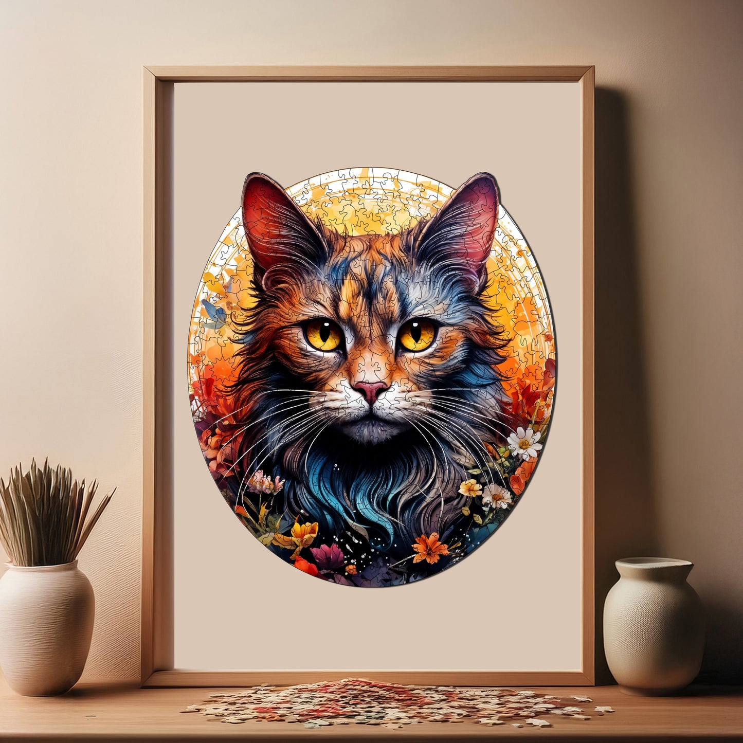 Holzpuzzle für Erwachsene, Premium-Puzzle „Katze und Blume“, 333 Teile, anspruchsvolles Holzpuzzle, 29 x 29 cm, einzigartige Form, Holzpuzzle für Erwachsene