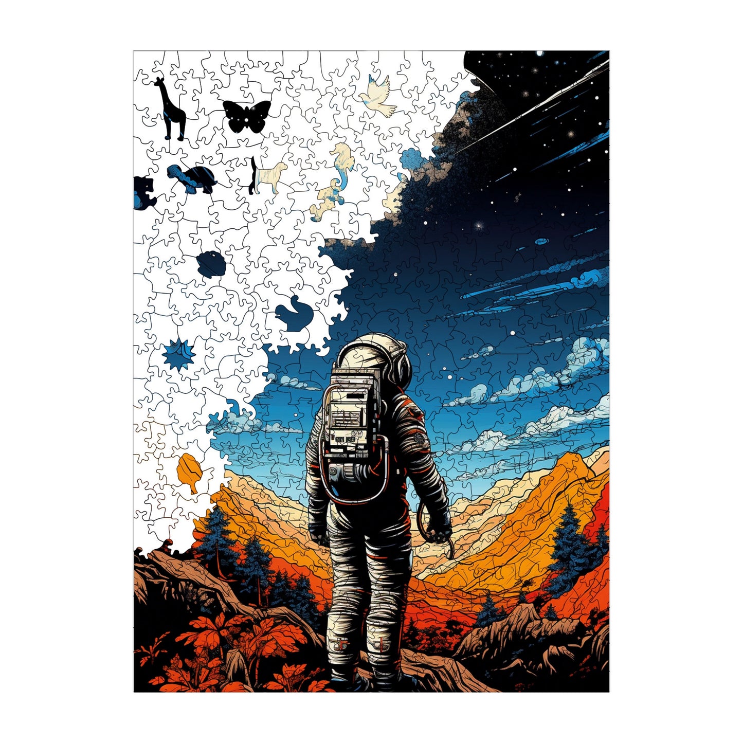 Holzpuzzle für Erwachsene, Premium-Puzzle „Space Traveler“, 450 Teile, anspruchsvolles Holzpuzzle, 29 x 39 cm, einzigartige Form, Holzpuzzle für Erwachsene
