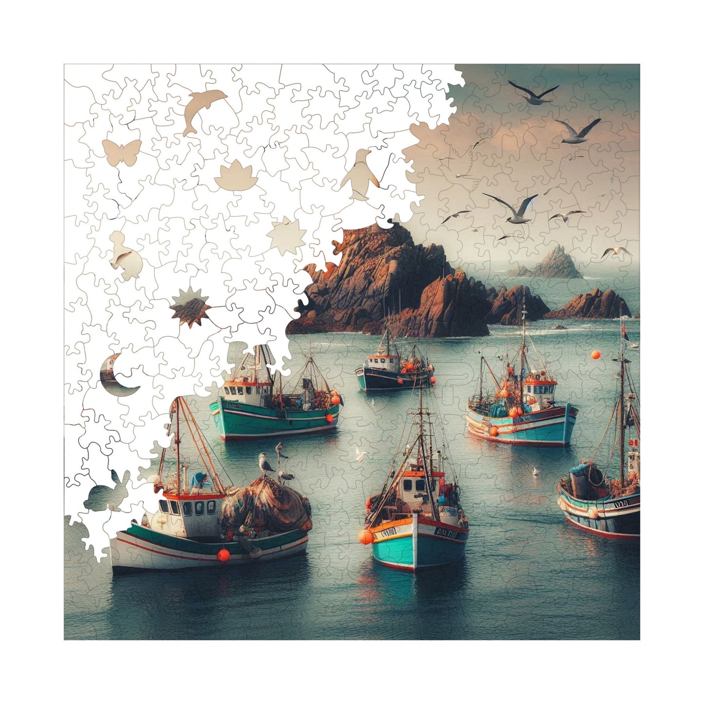 Wooden Puzzles for Adults, Fisherman's Bay Premium Jigsaw Puzzles, 353 Pieces Challenging Wooden Jigsaw, 11,4"x11,4" (29x29 cm)
