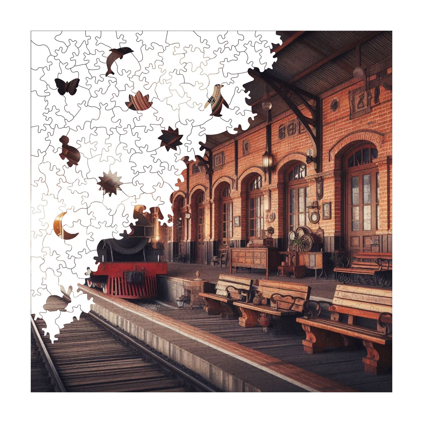 Wooden Puzzles for Adults, Old Train Station Premium Jigsaw Puzzles, 353 Pieces Challenging Wooden Jigsaw, 11,4"x11,4" (29x29 cm)