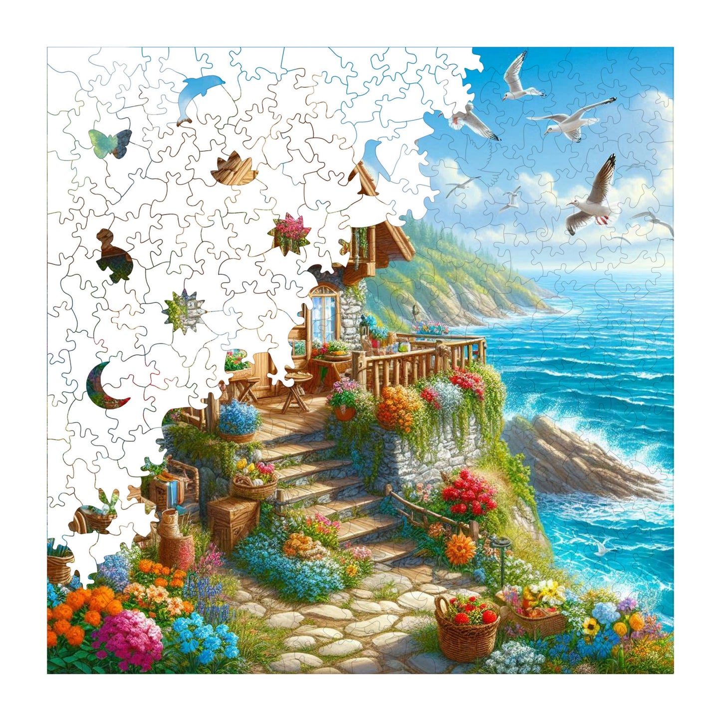 Wooden Puzzles for Adults, Cottage by the Sea Premium Jigsaw Puzzles, 353 Pieces Challenging Wooden Jigsaw, 11,4"x11,4" (29x29 cm)
