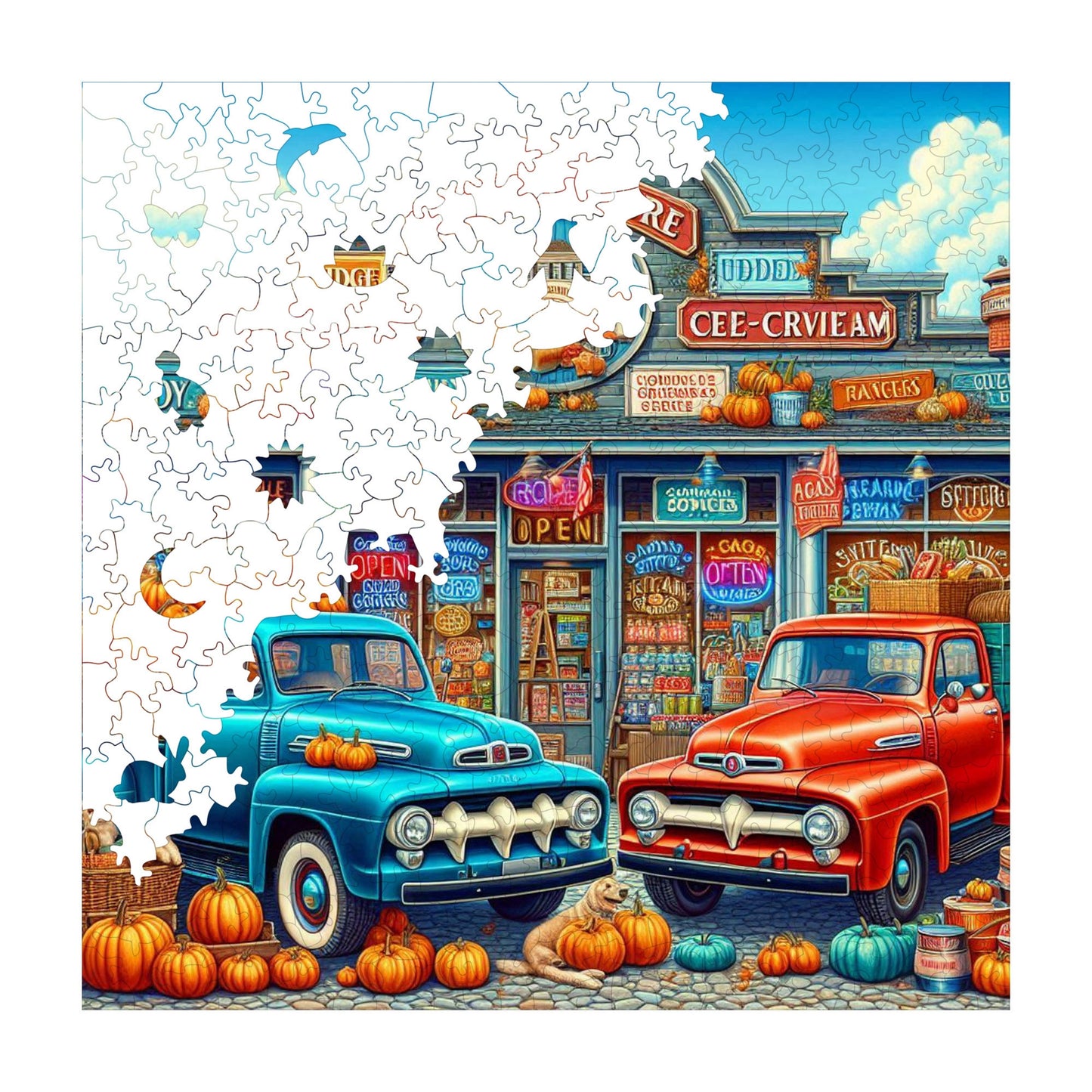 Holzpuzzle für Erwachsene, Small Town Market Premium Puzzle, 353 Teile anspruchsvolles Holzpuzzle, 11,4"x11,4" (29x29 cm) einzigartige Form, Holzpuzzle für Erwachsene
