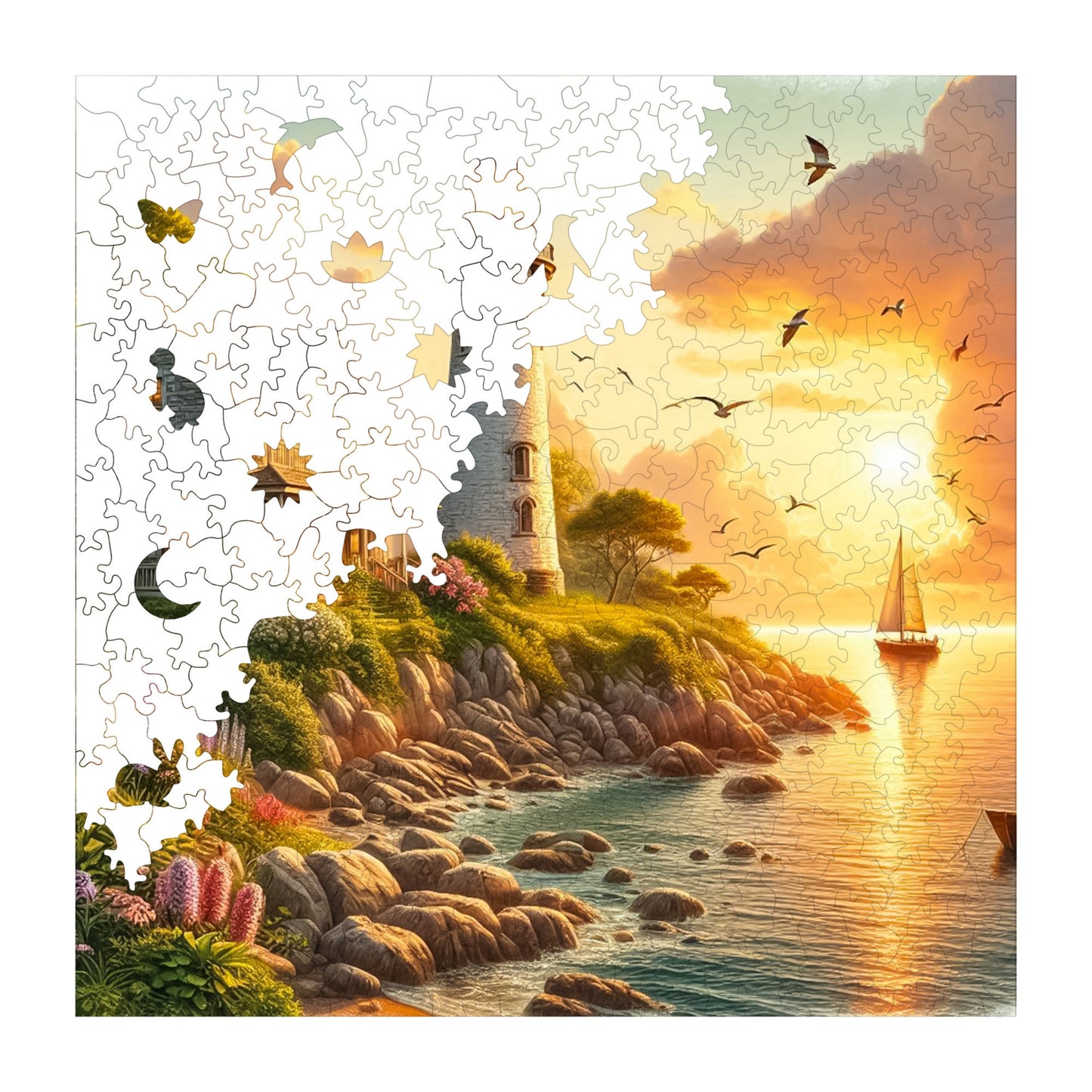 Wooden Puzzles for Adults, Sunset at the Lighthouse Premium Jigsaw Puzzles, 353 Pieces Challenging Wooden Jigsaw, 11,4"x11,4" (29x29 cm)