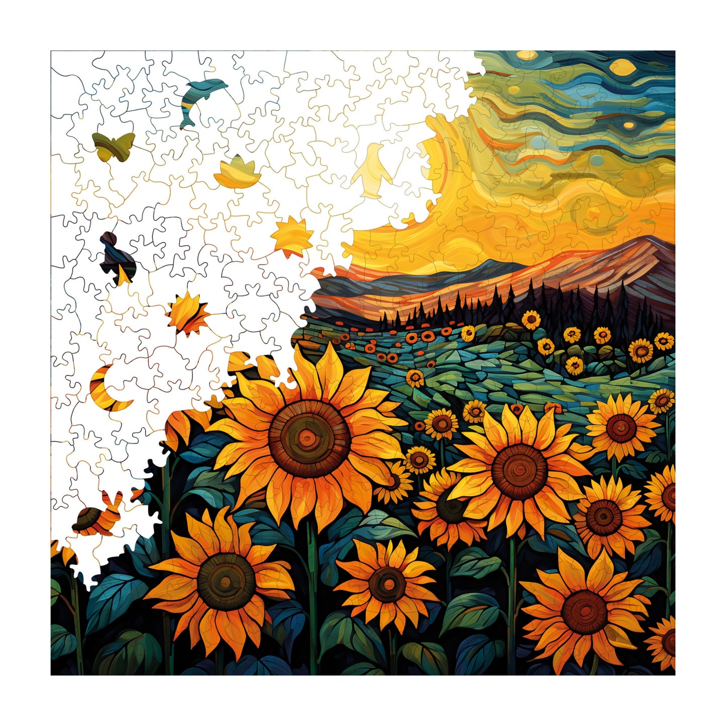 Wooden Puzzles for Adults, Evening in the Sunflower Field Premium Jigsaw Puzzles, 353 Pieces Challenging Wooden Jigsaw, 11,4"x11,4" (29x29 cm)