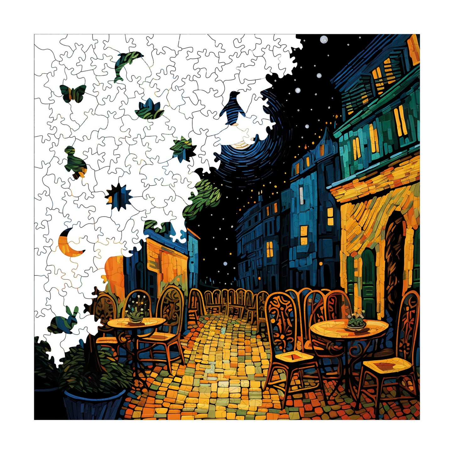 Wooden Puzzles for Adults, Van Gogh Cafe Terrace Night Reproduction Premium Jigsaw Puzzles, 353 Pieces Wooden Jigsaw, 11,4"x11,4" (29x29 cm)