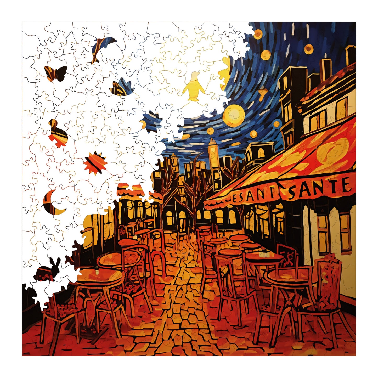 Wooden Puzzles for Adults, Van Gogh Cafe Terrace Starry Night Reproduction Premium Jigsaw Puzzles, 353 Pieces Wooden Jigsaw, 11,4"x11,4" (29x29 cm)