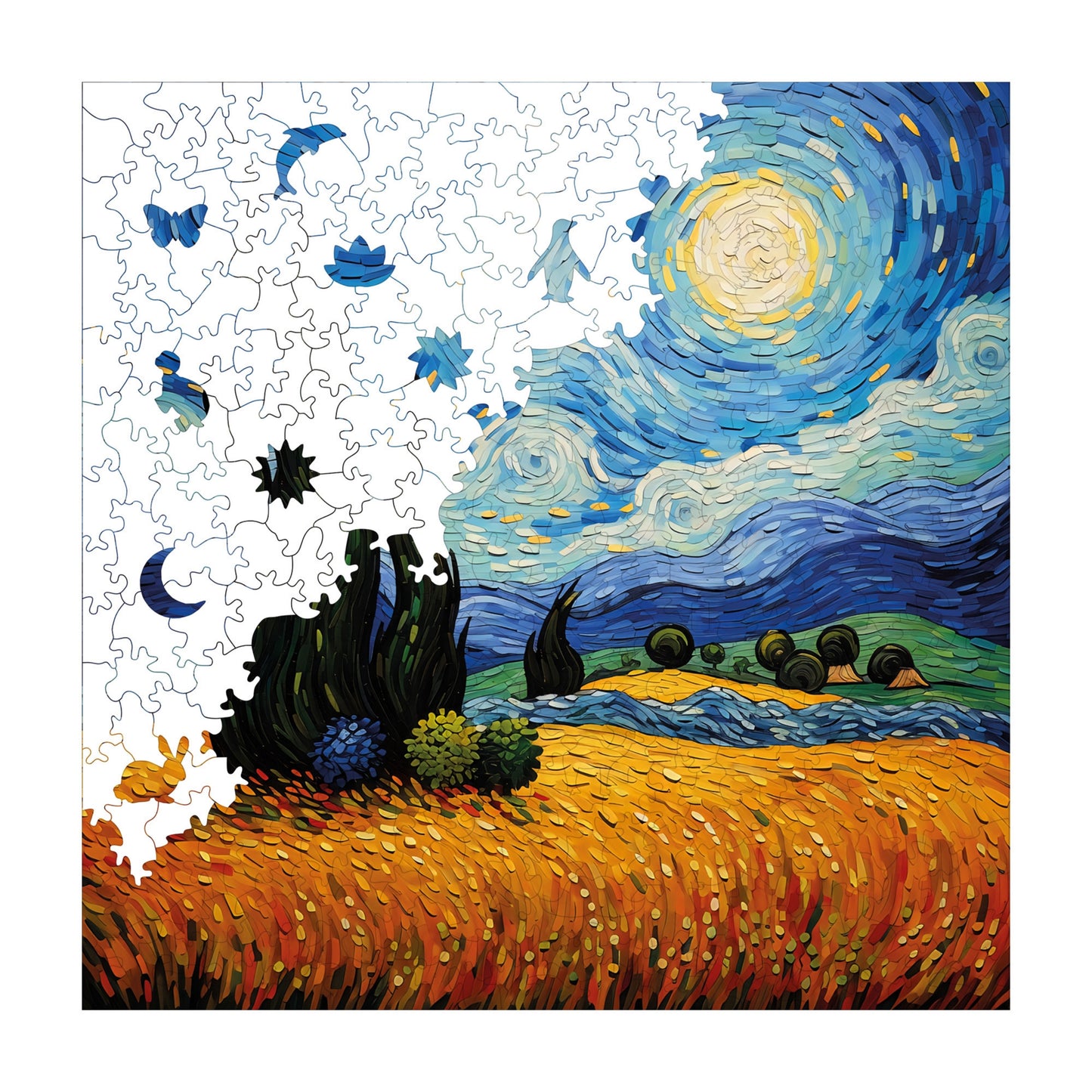 Wooden Puzzles for Adults, Van Gogh Starry Night Reproduction Premium Jigsaw Puzzles, 353 Pieces Challenging Wooden Jigsaw, 11,4"x11,4" (29x29 cm)