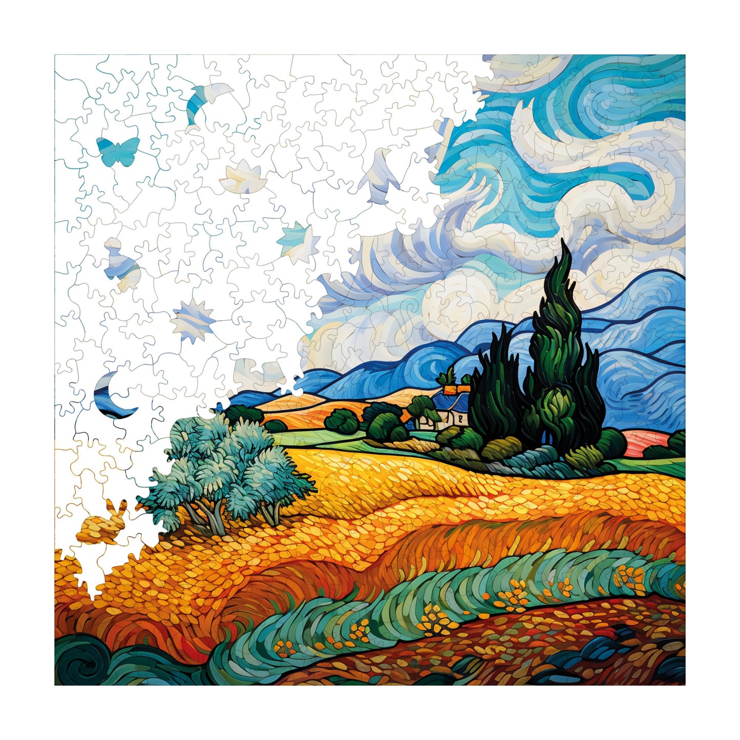 Wooden Puzzles for Adults, Van Gogh Wheat Field with Cypresses Reproduction Premium Jigsaw Puzzles, 353 Pieces Wooden Jigsaw, 11,4"x11,4" (29x29 cm)
