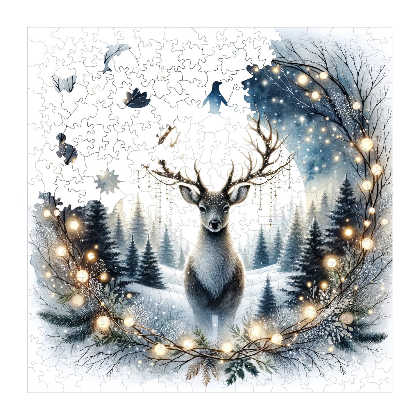 Holzpuzzle für Erwachsene, Hirsch unter dem Silbermond, Premium-Puzzle, 353 Teile, anspruchsvolles Holzpuzzle, 29 x 29 cm, einzigartige Form, Holzpuzzle für Erwachsene