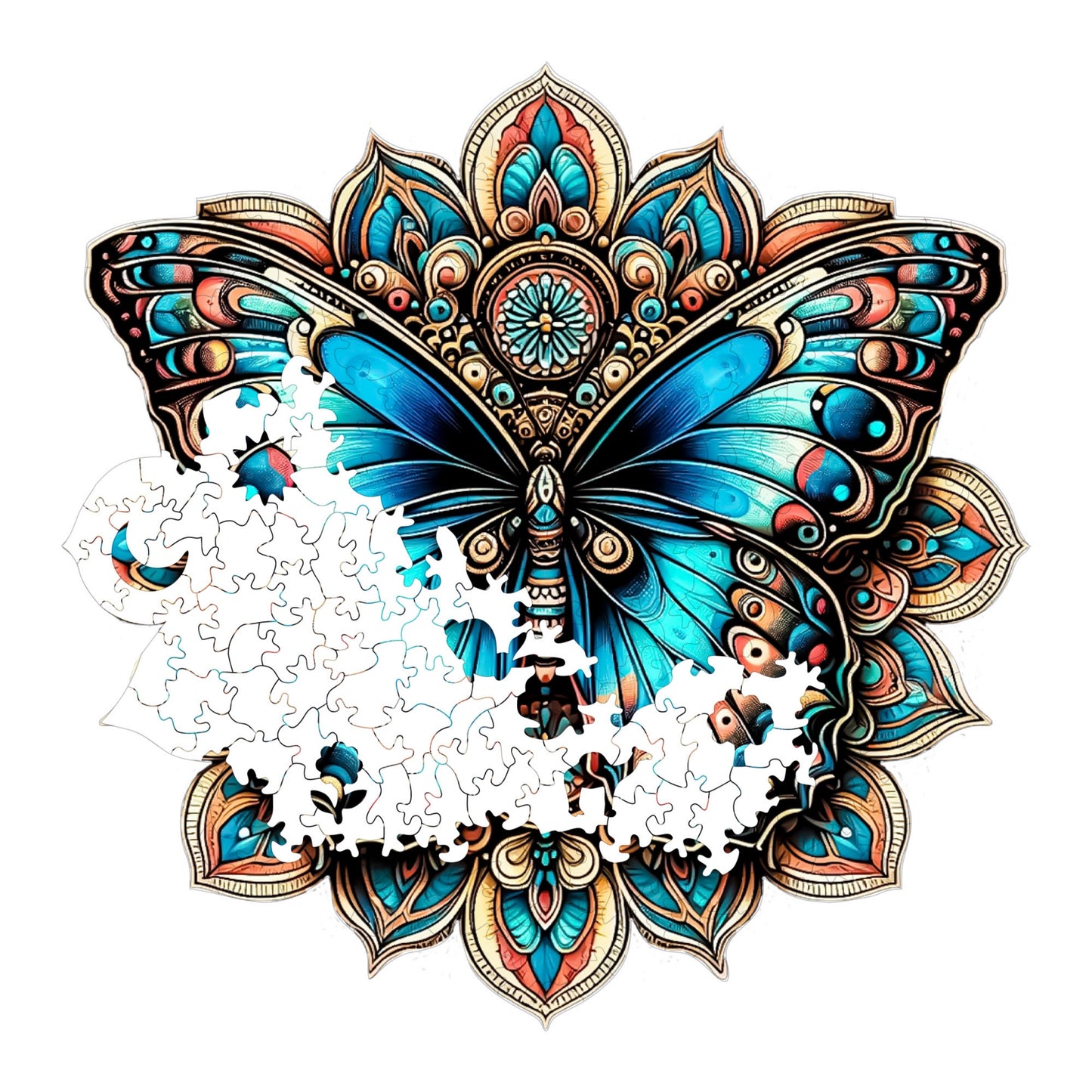 Holzpuzzle für Erwachsene, Mandala-Schmetterling, Premium-Puzzle, 250 Teile, anspruchsvolles Holzpuzzle, 29 x 29 cm, einzigartige Form, Holzpuzzle für Erwachsene