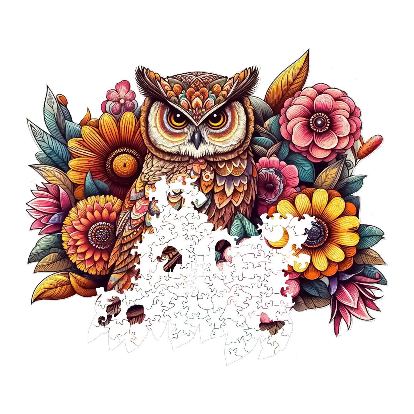 Holzpuzzle für Erwachsene, Flowery Owl Premium Puzzle, 300 Teile anspruchsvolles Holzpuzzle, 11,4"x13" (29x33 cm) einzigartige Form, Holzpuzzle für Erwachsene