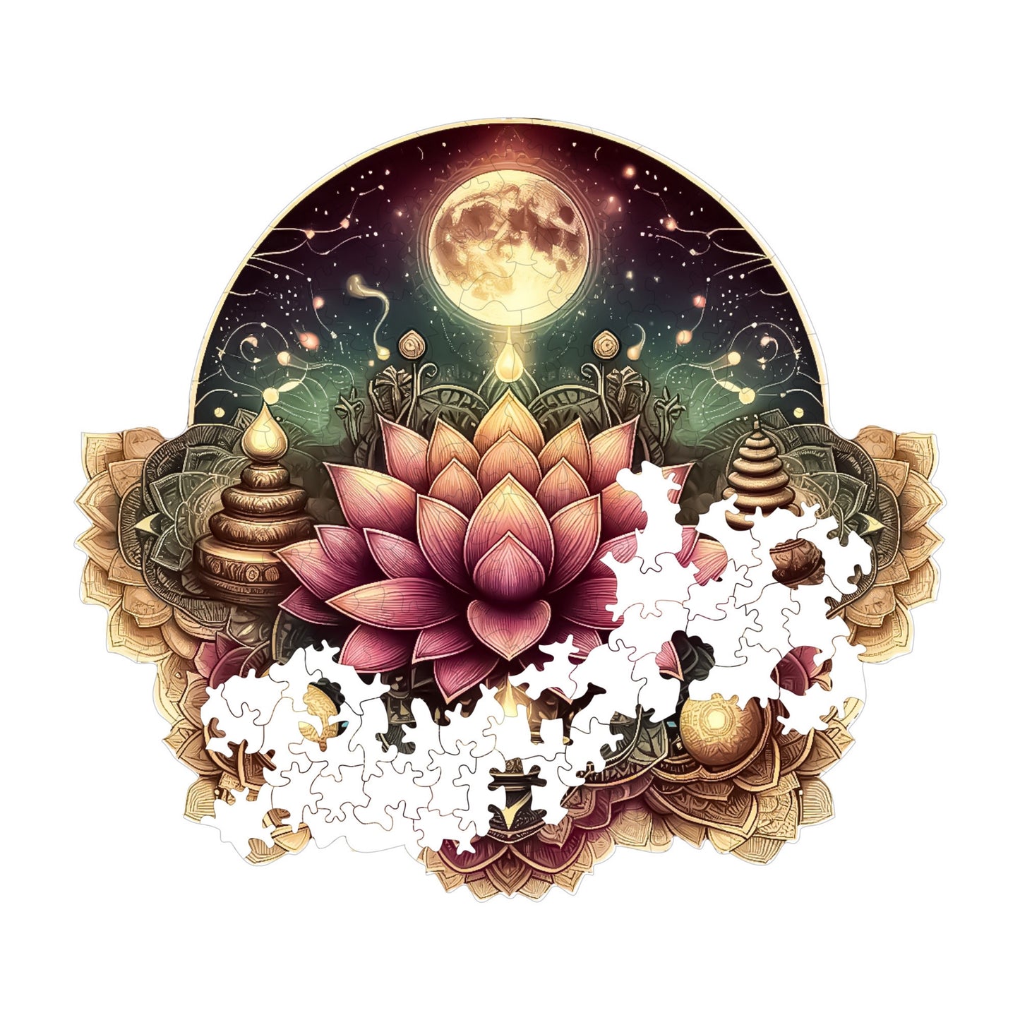 Wooden Puzzles for Adults, Starry Lotus Mandala Premium Jigsaw Puzzles, 280 Pieces Challenging Wooden Jigsaw, 11,4"x10,2" (29x26 cm)