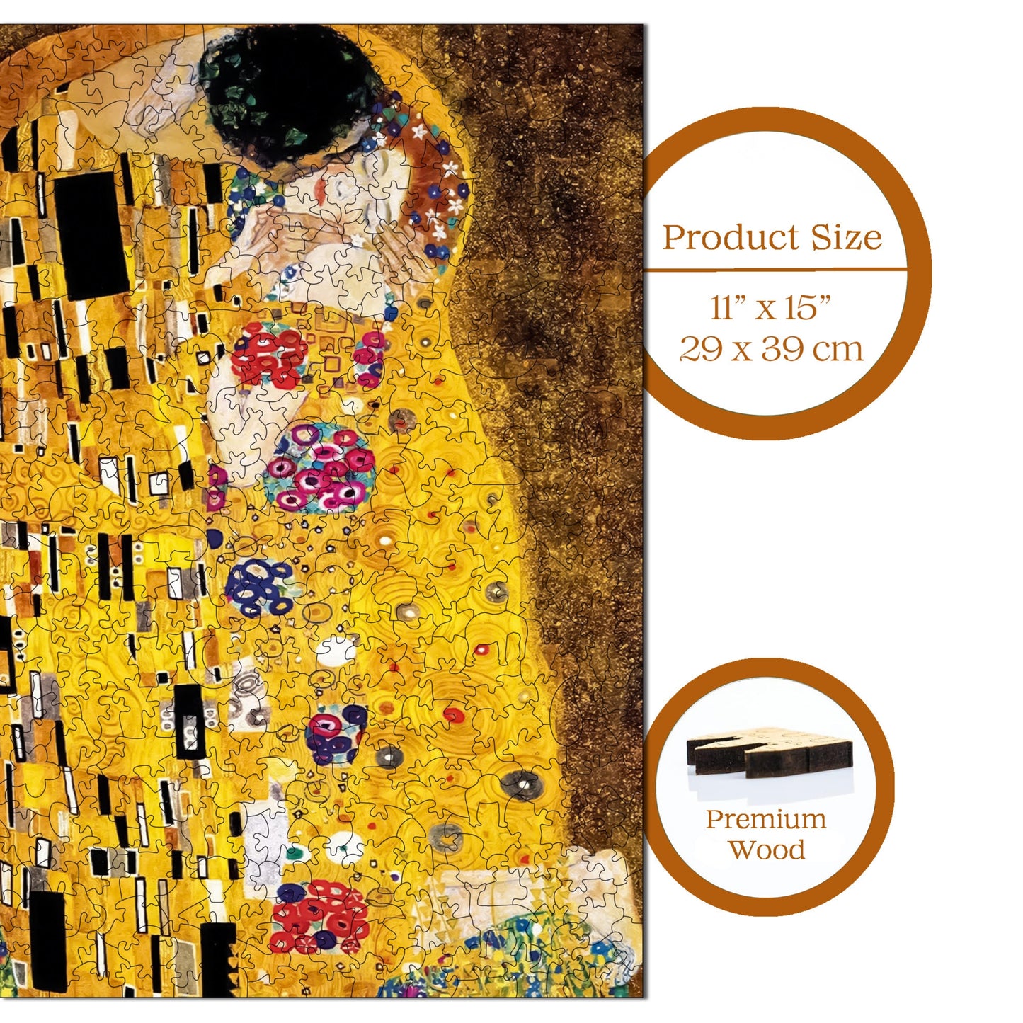 Holzpuzzle für Erwachsene, Gustav Klimt Der Kuss Premium Puzzle, 450 Teile anspruchsvolles Holzpuzzle, 11,4"x15,4" (29x39 cm) einzigartige Form, Holzpuzzle für Erwachsene