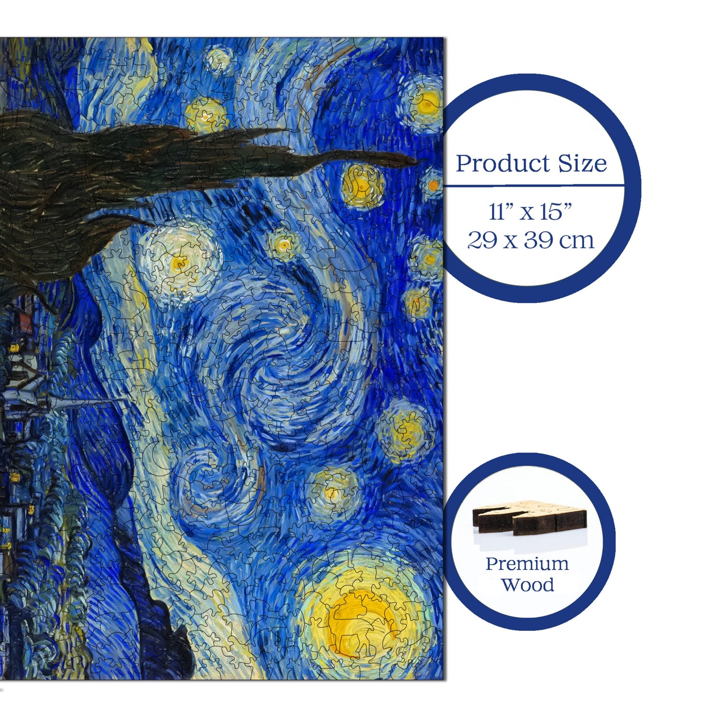 Holzpuzzle für Erwachsene, Van Gogh Sternennacht Premium Puzzle, 450 Teile anspruchsvolles Holzpuzzle, 11,4"x15,4" (29x39 cm) einzigartige Form, Holzpuzzle für Erwachsene