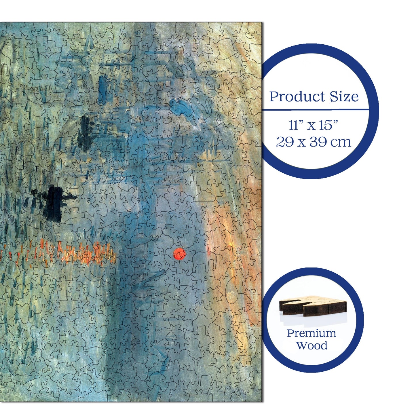 Holzpuzzle für Erwachsene, Claude Monet Impression: Sunrise Premium Puzzle, 450 Teile anspruchsvolles Holzpuzzle, 11,4"x15,4" (29x39 cm) einzigartige Form, Holzpuzzle für Erwachsene