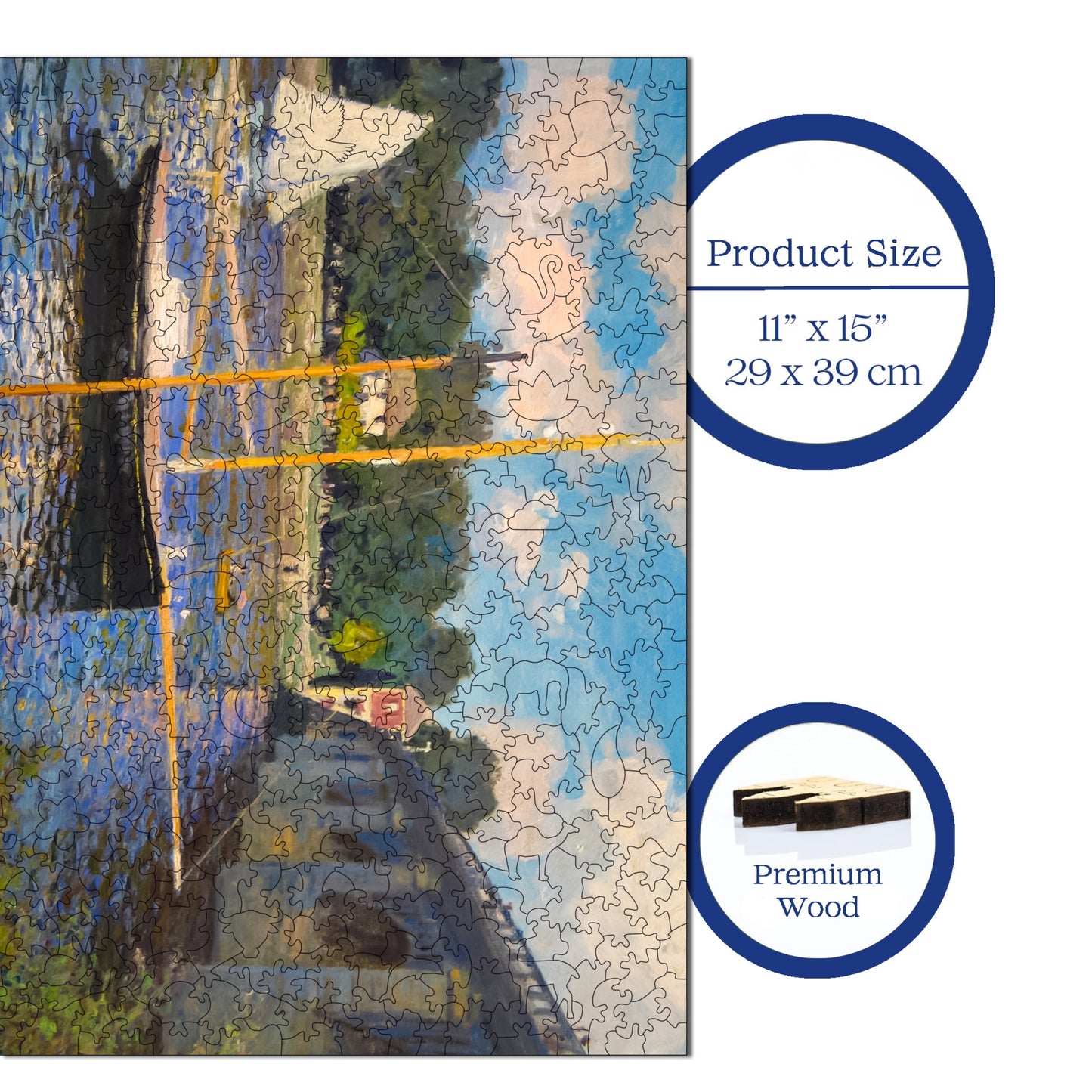 Holzpuzzle für Erwachsene, Claude Monet, Brücke von Argenteuil, Premium-Puzzle, 450 Teile, anspruchsvolles Holzpuzzle, 29 x 39 cm, einzigartige Form, Holzpuzzle für Erwachsene