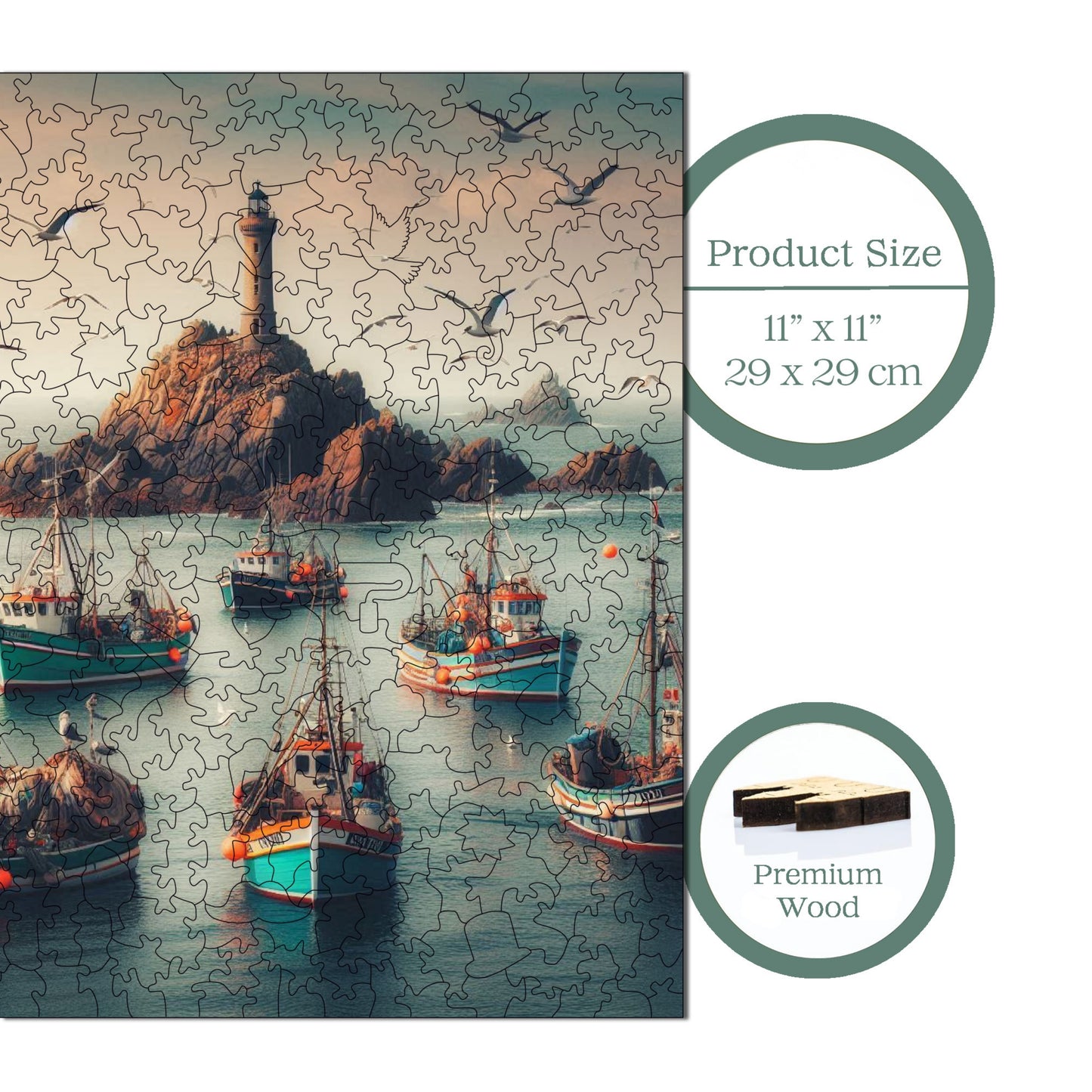 Wooden Puzzles for Adults, Fisherman's Bay Premium Jigsaw Puzzles, 353 Pieces Challenging Wooden Jigsaw, 11,4"x11,4" (29x29 cm)