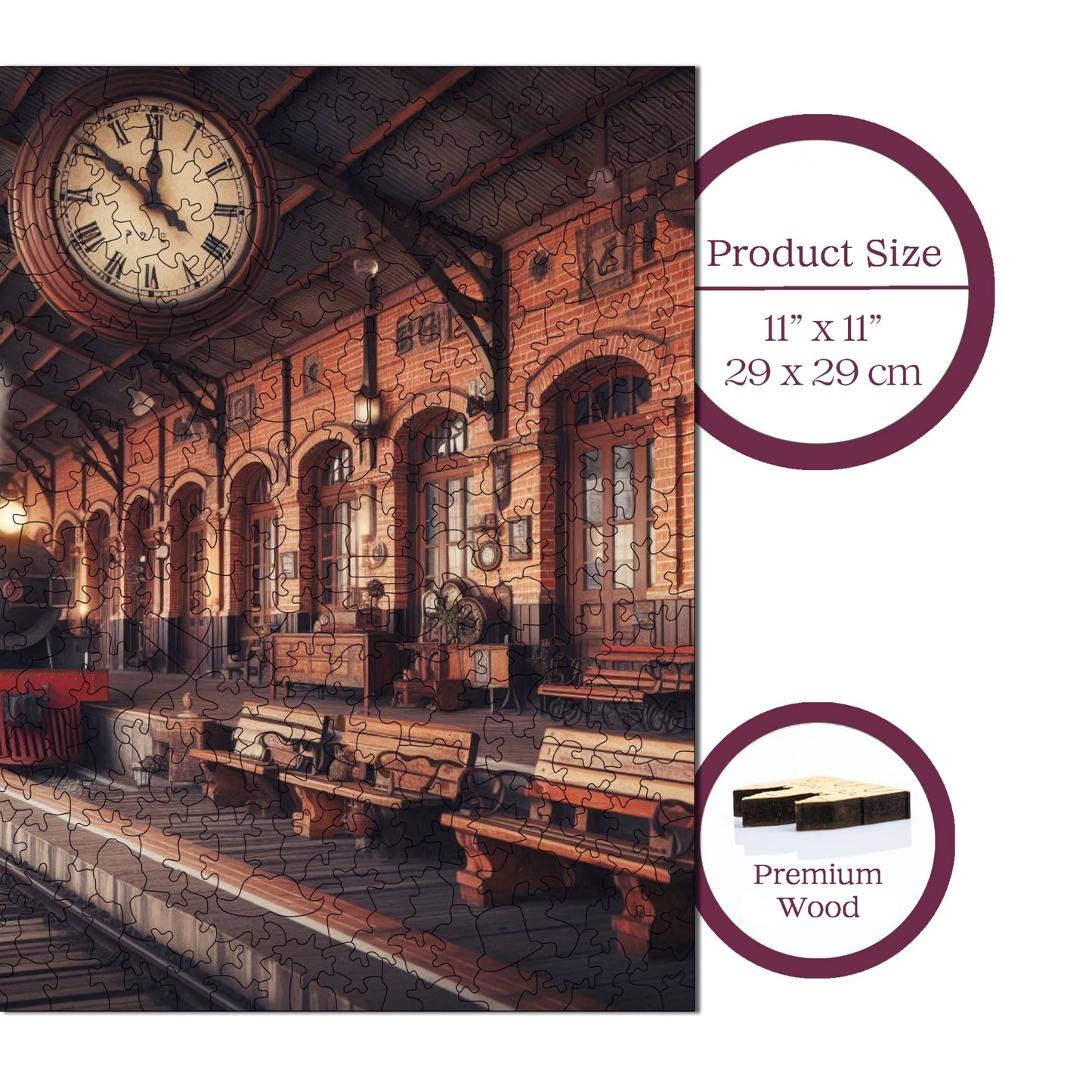 Wooden Puzzles for Adults, Old Train Station Premium Jigsaw Puzzles, 353 Pieces Challenging Wooden Jigsaw, 11,4"x11,4" (29x29 cm)
