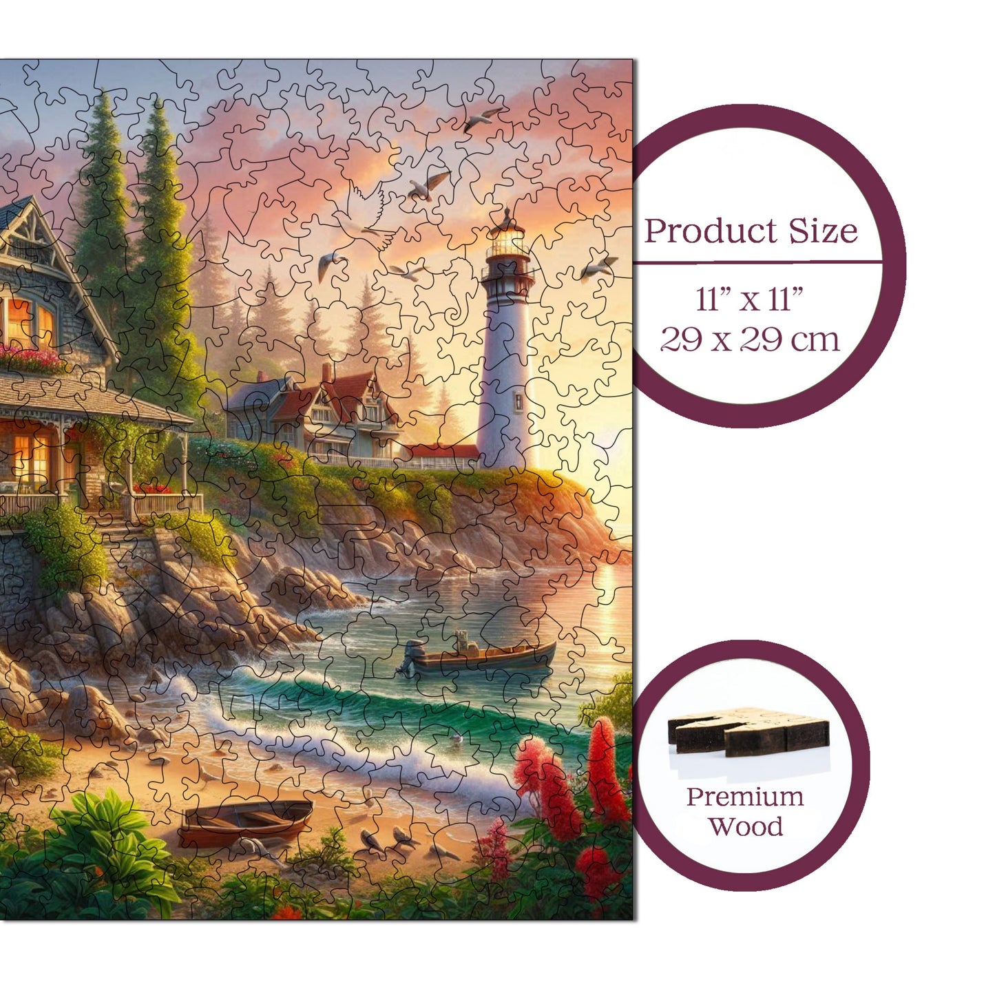 Wooden Puzzles for Adults, Lighthouse And Stone House Premium Jigsaw Puzzles, 353 Pieces Challenging Wooden Jigsaw, 11,4"x11,4" (29x29 cm)