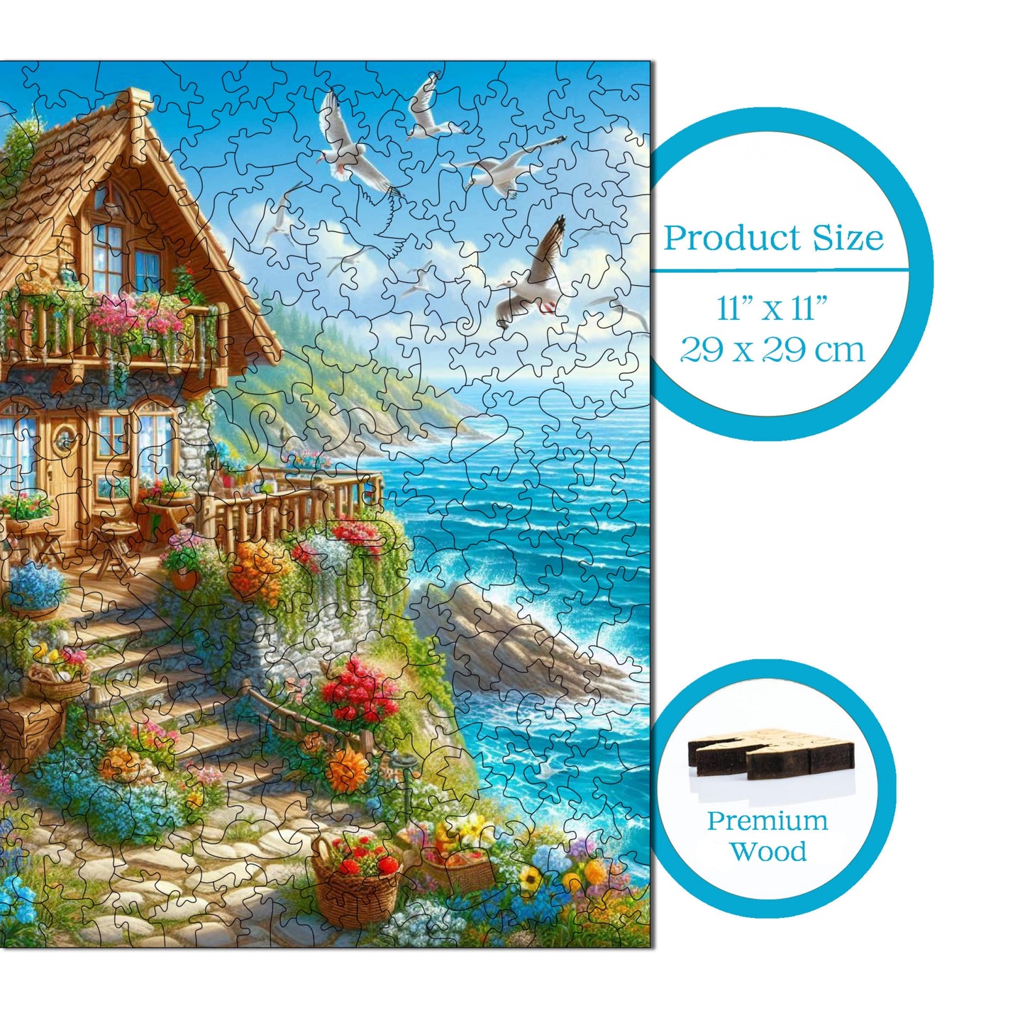 Wooden Puzzles for Adults, Cottage by the Sea Premium Jigsaw Puzzles, 353 Pieces Challenging Wooden Jigsaw, 11,4"x11,4" (29x29 cm)