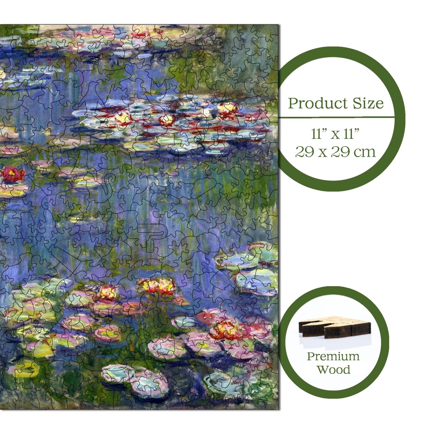 Wooden Puzzles for Adults, Claude Monet Water Lilies Premium Jigsaw Puzzles, 353 Pieces Challenging Wooden Jigsaw, 11,4"x11,4" (29x29 cm)