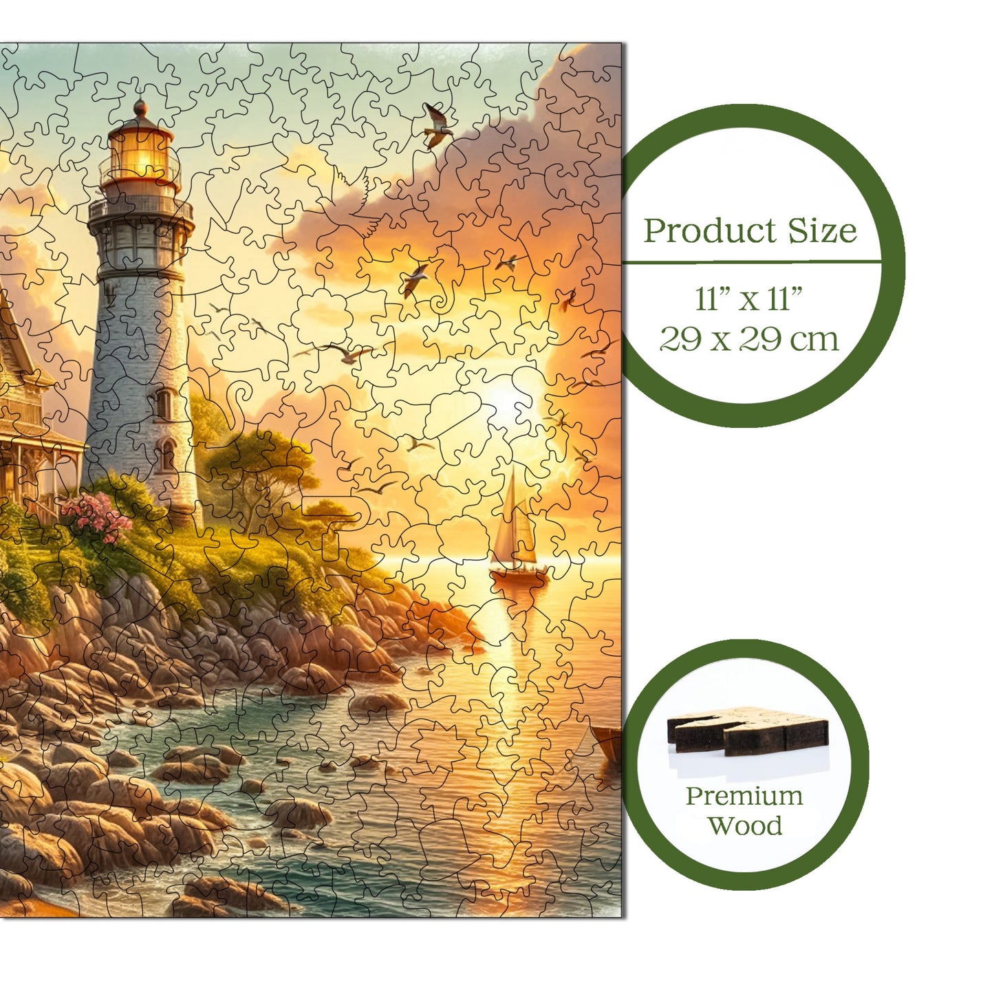 Wooden Puzzles for Adults, Sunset at the Lighthouse Premium Jigsaw Puzzles, 353 Pieces Challenging Wooden Jigsaw, 11,4"x11,4" (29x29 cm)