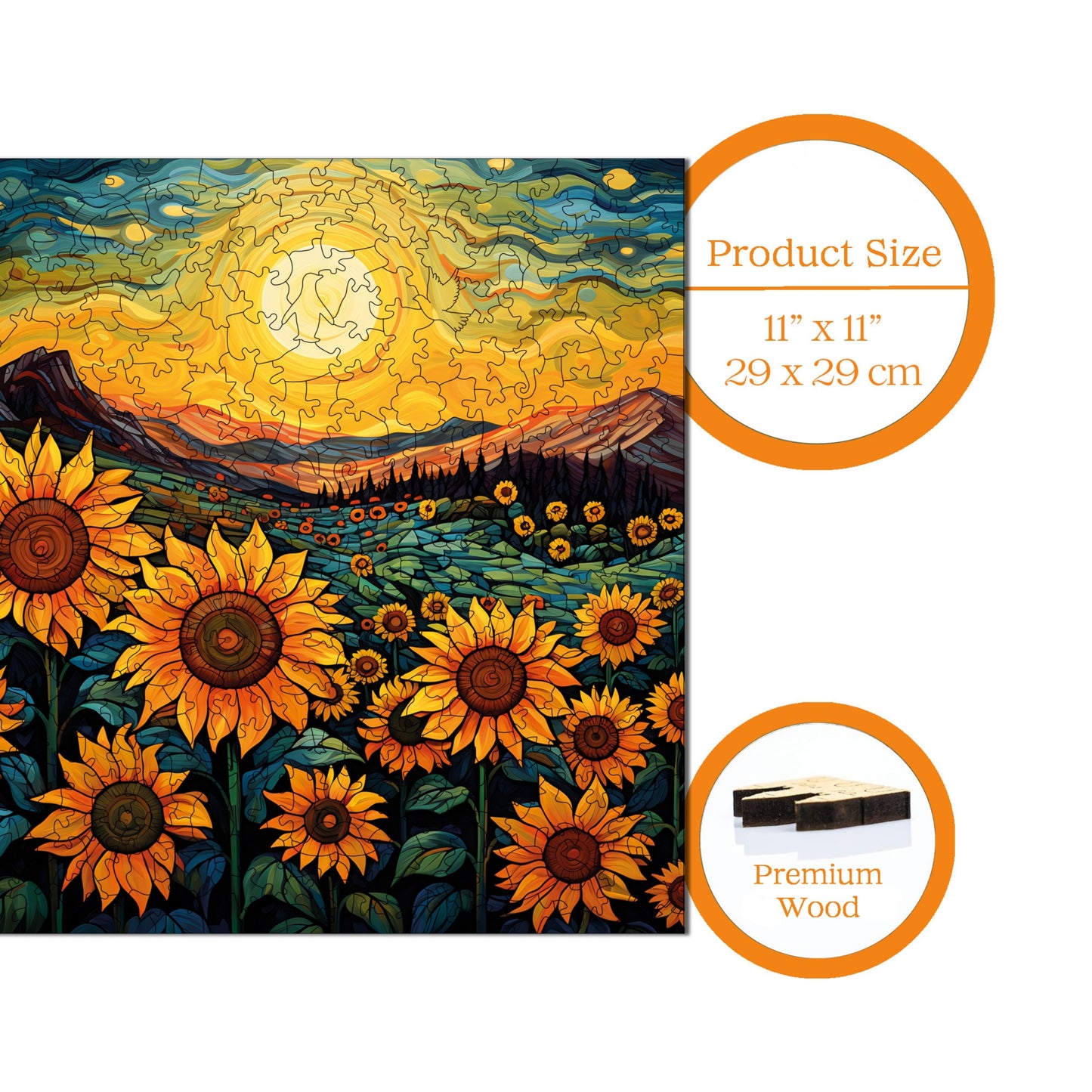 Wooden Puzzles for Adults, Evening in the Sunflower Field Premium Jigsaw Puzzles, 353 Pieces Challenging Wooden Jigsaw, 11,4"x11,4" (29x29 cm)