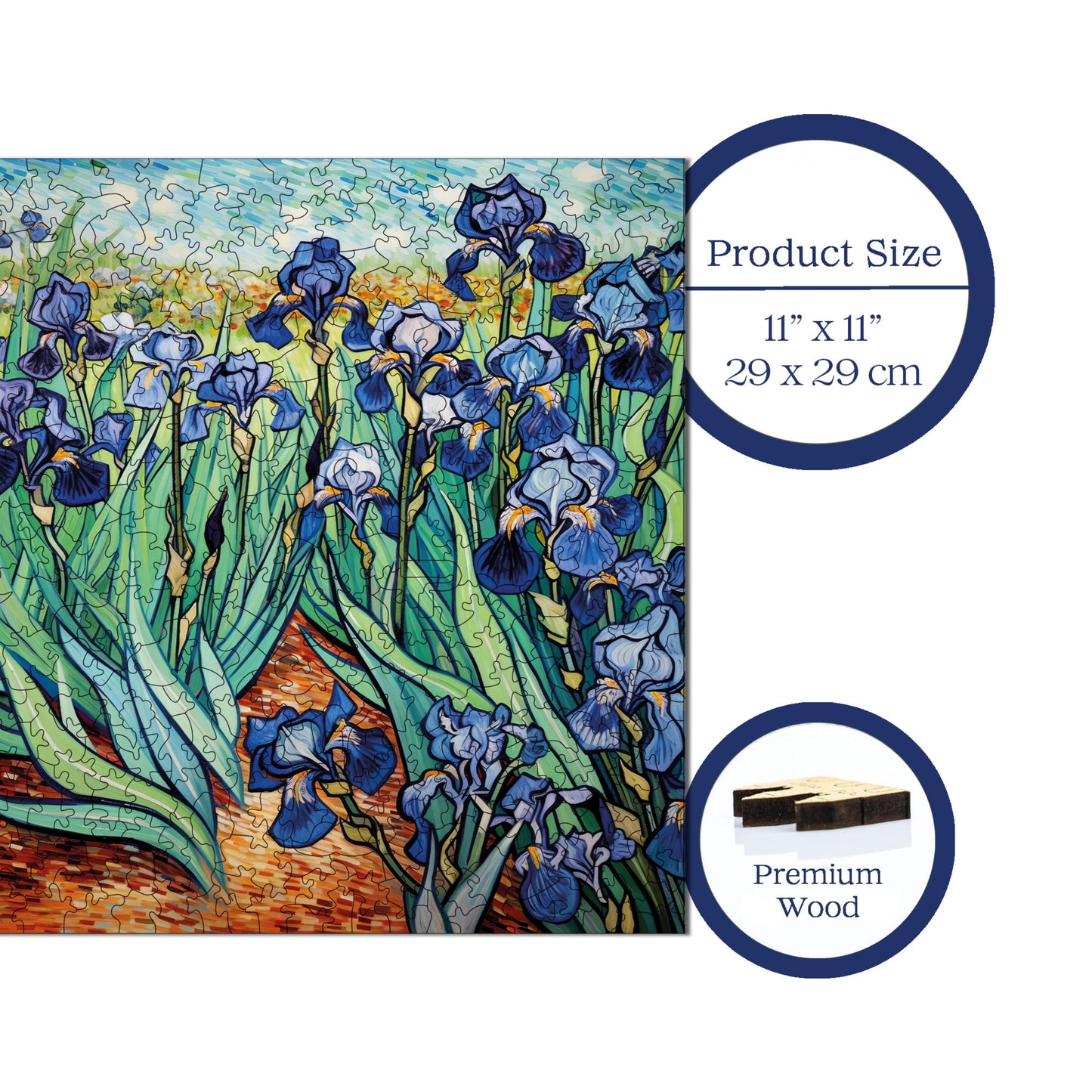 Wooden Puzzles for Adults, Van Gogh Irises Reproduction Premium Jigsaw Puzzles, 353 Pieces Challenging Wooden Jigsaw, 11,4"x11,4" (29x29 cm)