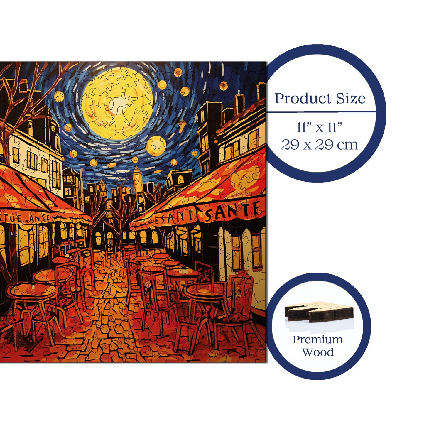 Wooden Puzzles for Adults, Van Gogh Cafe Terrace Starry Night Reproduction Premium Jigsaw Puzzles, 353 Pieces Wooden Jigsaw, 11,4"x11,4" (29x29 cm)