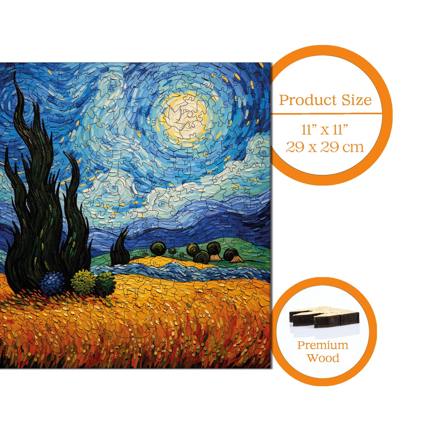 Wooden Puzzles for Adults, Van Gogh Starry Night Reproduction Premium Jigsaw Puzzles, 353 Pieces Challenging Wooden Jigsaw, 11,4"x11,4" (29x29 cm)