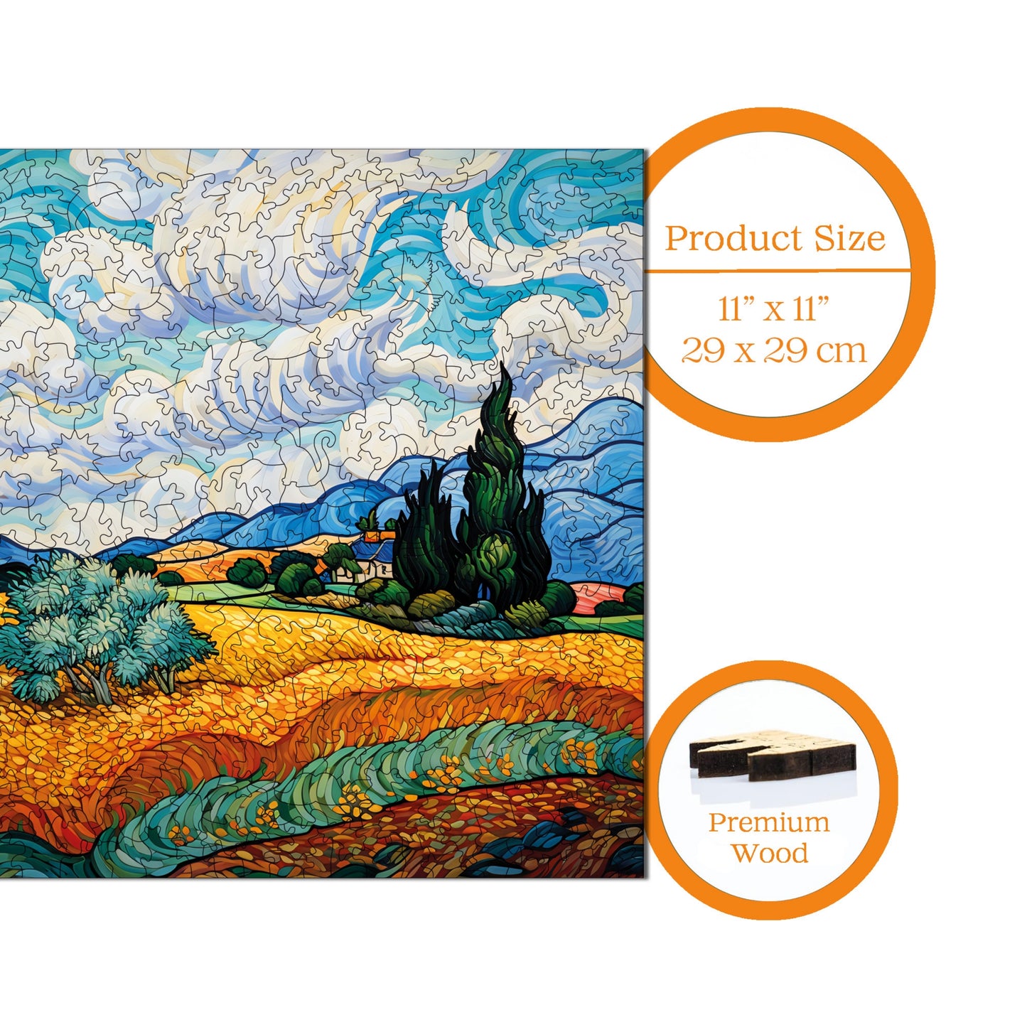 Wooden Puzzles for Adults, Van Gogh Wheat Field with Cypresses Reproduction Premium Jigsaw Puzzles, 353 Pieces Wooden Jigsaw, 11,4"x11,4" (29x29 cm)