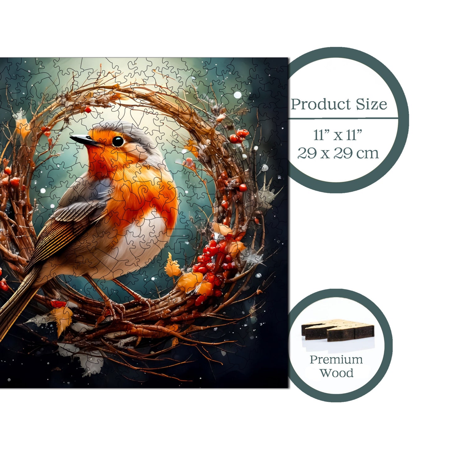 Holzpuzzle für Erwachsene, Rotkehlchen-Vogel-Premium-Puzzle, 353 Teile anspruchsvolles Holzpuzzle, 11,4"x11,4" (29x29 cm) einzigartige Form, Holzpuzzle für Erwachsene