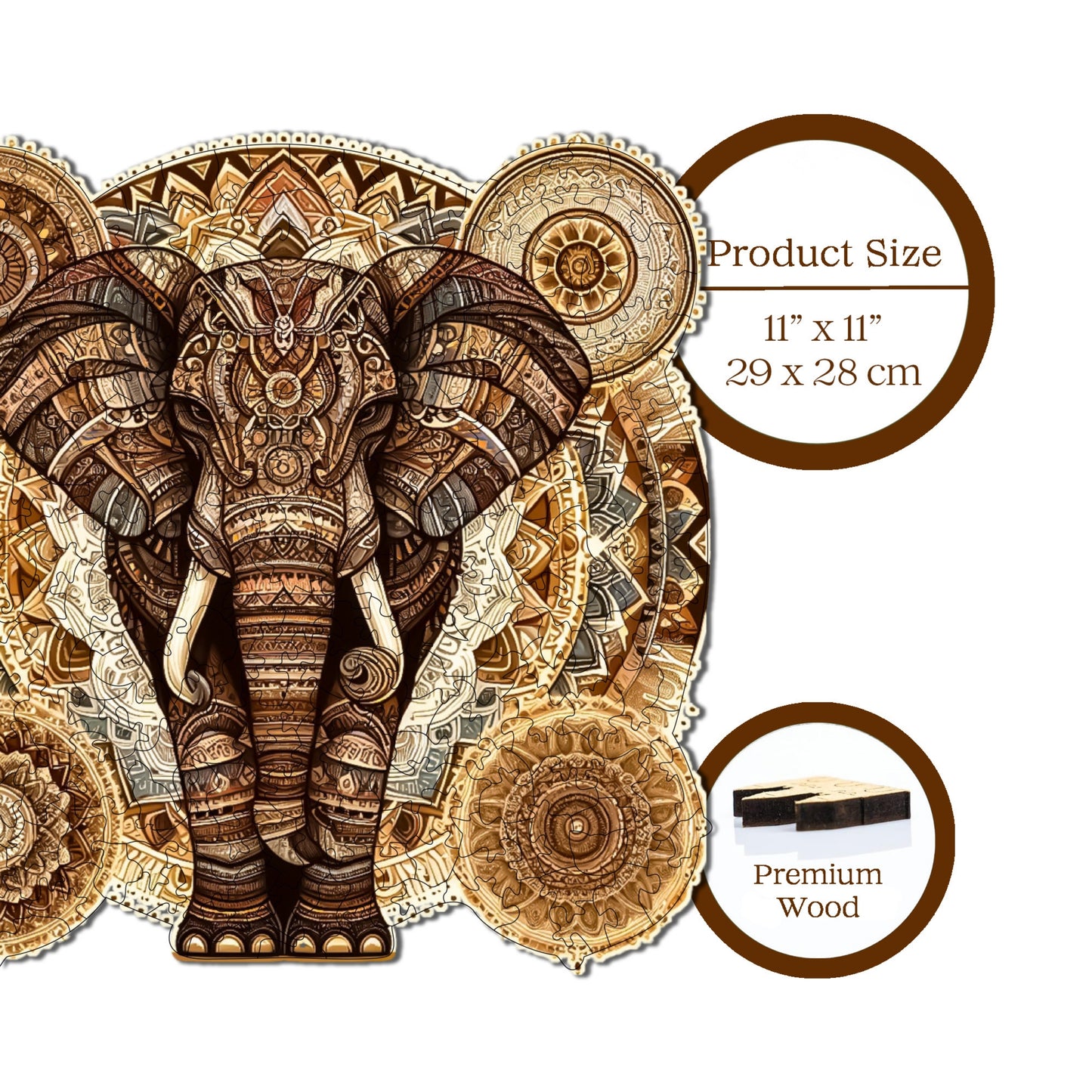 Holzpuzzle für Erwachsene, Majestätisches Mandala-Elefant-Premium-Puzzle, 250 Teile anspruchsvolles Holzpuzzle, 11,4"x11" (29x28 cm) einzigartige Form, Holzpuzzle für Erwachsene