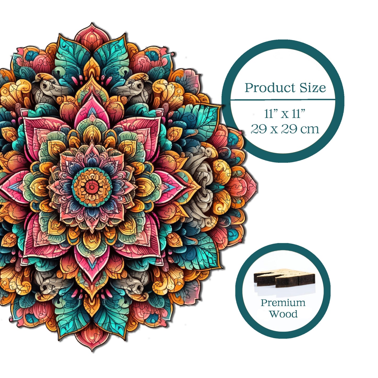 Wooden Puzzles for Adults, Mandala Art Premium Jigsaw Puzzles, 250 Pieces Challenging Wooden Jigsaw, 11,4"x11,4" (29x29 cm)