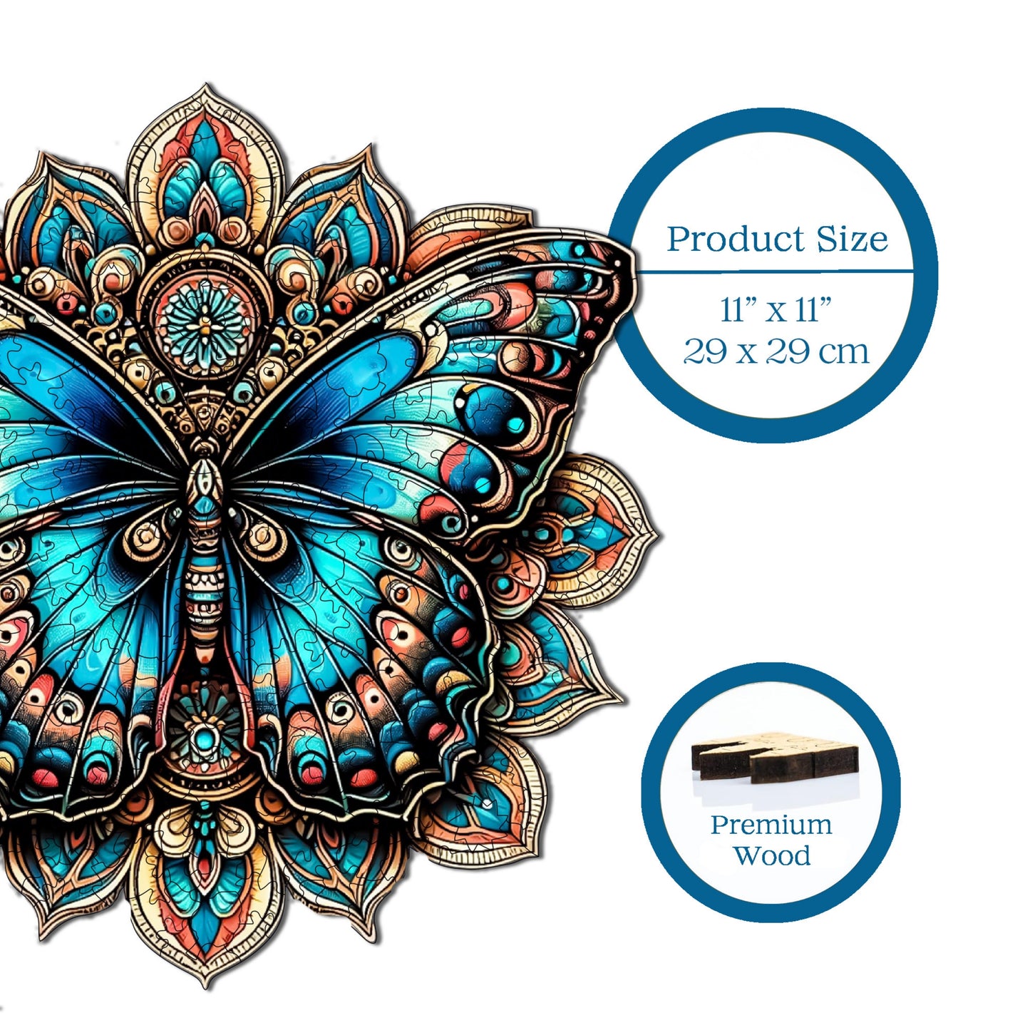 Holzpuzzle für Erwachsene, Mandala-Schmetterling, Premium-Puzzle, 250 Teile, anspruchsvolles Holzpuzzle, 29 x 29 cm, einzigartige Form, Holzpuzzle für Erwachsene