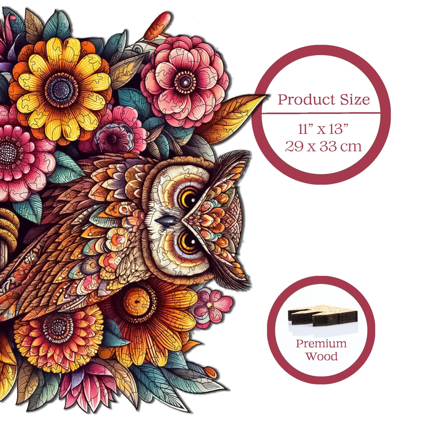 Holzpuzzle für Erwachsene, Flowery Owl Premium Puzzle, 300 Teile anspruchsvolles Holzpuzzle, 11,4"x13" (29x33 cm) einzigartige Form, Holzpuzzle für Erwachsene