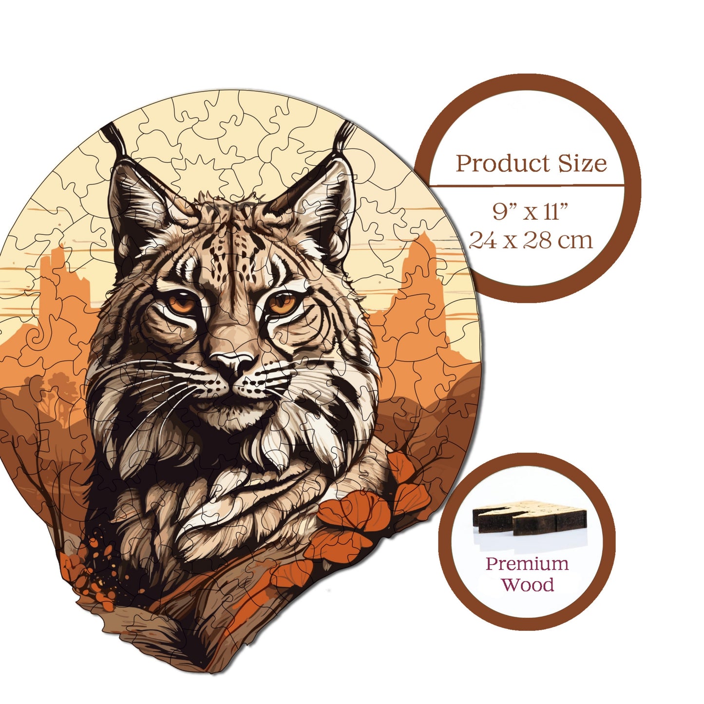 Holzpuzzle für Erwachsene, Desert Lynx Premium Puzzle, 141 Teile anspruchsvolles Holzpuzzle, 9,4"x11" (24x28 cm) einzigartige Form, Holzpuzzle für Erwachsene