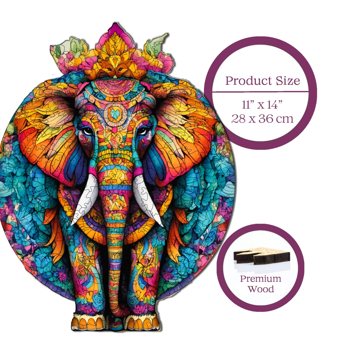 Holzpuzzle für Erwachsene, Mandala-Elefant, Premium-Puzzle, 220 Teile, anspruchsvolles Holzpuzzle, 28 x 36 cm, einzigartige Form, Holzpuzzle für Erwachsene