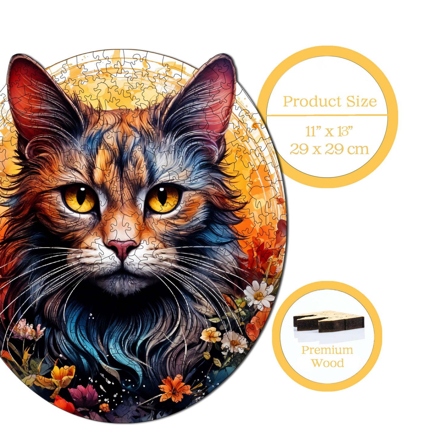 Holzpuzzle für Erwachsene, Premium-Puzzle „Katze und Blume“, 333 Teile, anspruchsvolles Holzpuzzle, 29 x 29 cm, einzigartige Form, Holzpuzzle für Erwachsene