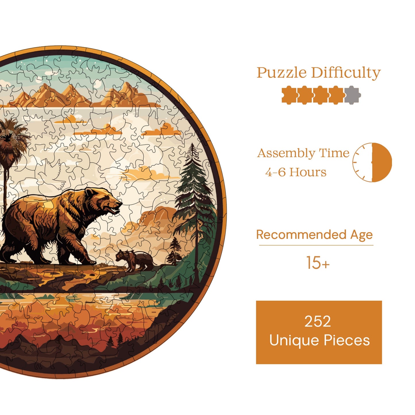 Holzpuzzle für Erwachsene, Big Bear Premium Puzzle, 252 Teile anspruchsvolles Holzpuzzle, 11,4"x11,4" (29x29 cm) einzigartige Form, Holzpuzzle für Erwachsene