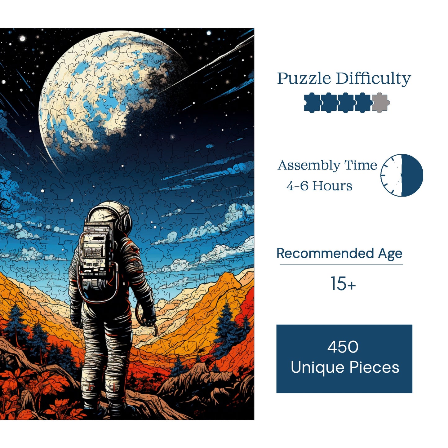 Holzpuzzle für Erwachsene, Premium-Puzzle „Space Traveler“, 450 Teile, anspruchsvolles Holzpuzzle, 29 x 39 cm, einzigartige Form, Holzpuzzle für Erwachsene