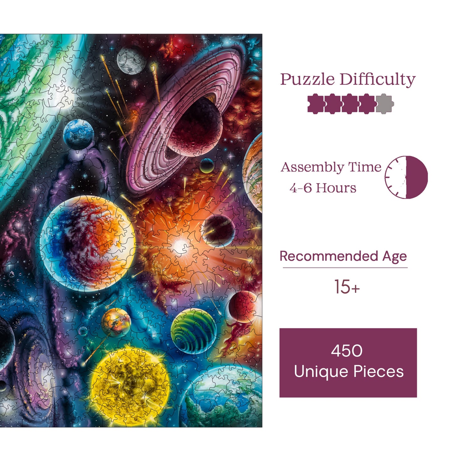 Holzpuzzle für Erwachsene, Kosmische Symphonie im Weltraum, Premium-Puzzle, 450 Teile, anspruchsvolles Holzpuzzle, 29 x 39 cm, einzigartige Form, Holzpuzzle für Erwachsene