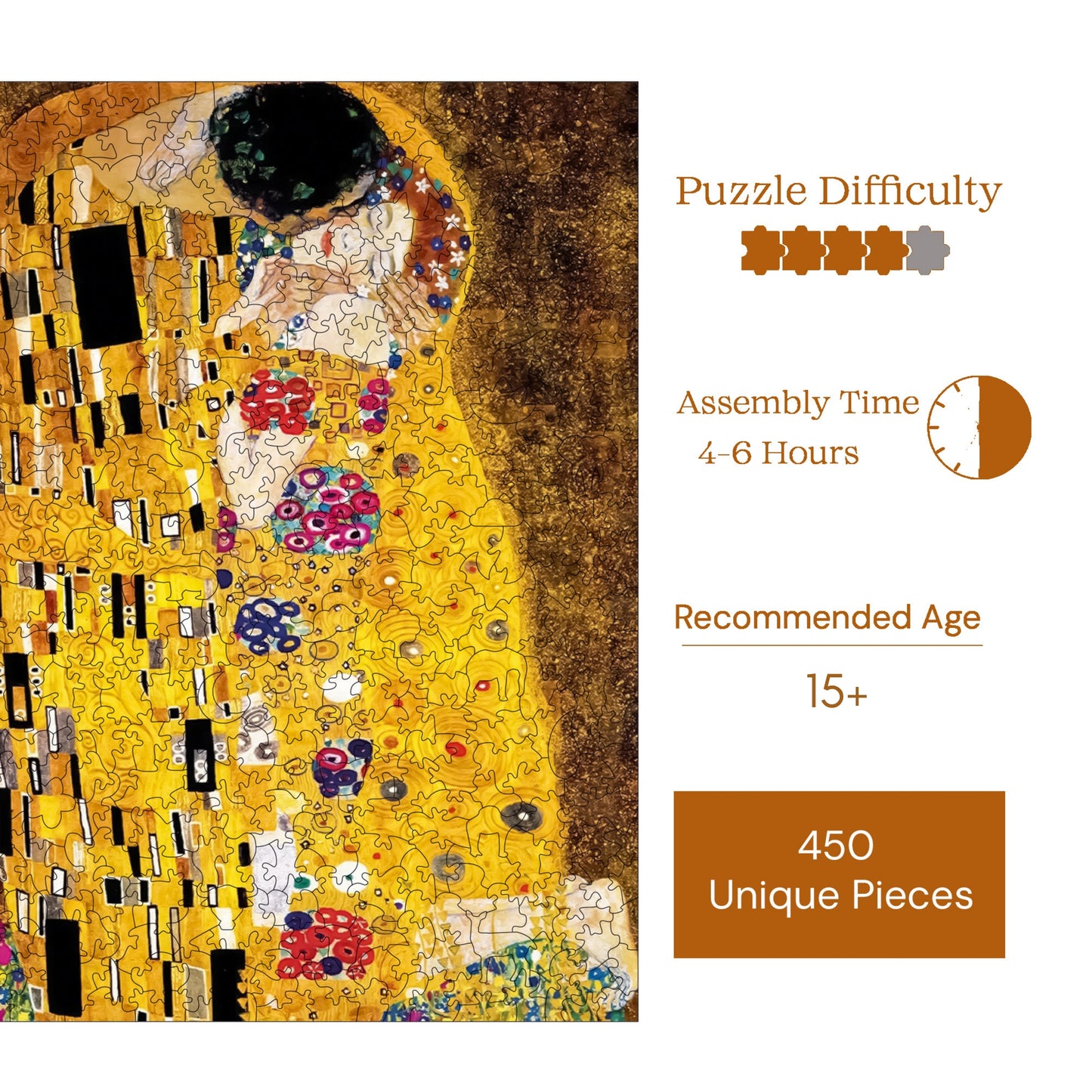 Holzpuzzle für Erwachsene, Gustav Klimt Der Kuss Premium Puzzle, 450 Teile anspruchsvolles Holzpuzzle, 11,4"x15,4" (29x39 cm) einzigartige Form, Holzpuzzle für Erwachsene