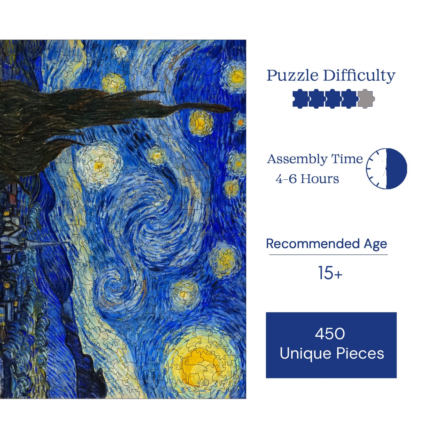 Holzpuzzle für Erwachsene, Van Gogh Sternennacht Premium Puzzle, 450 Teile anspruchsvolles Holzpuzzle, 11,4"x15,4" (29x39 cm) einzigartige Form, Holzpuzzle für Erwachsene