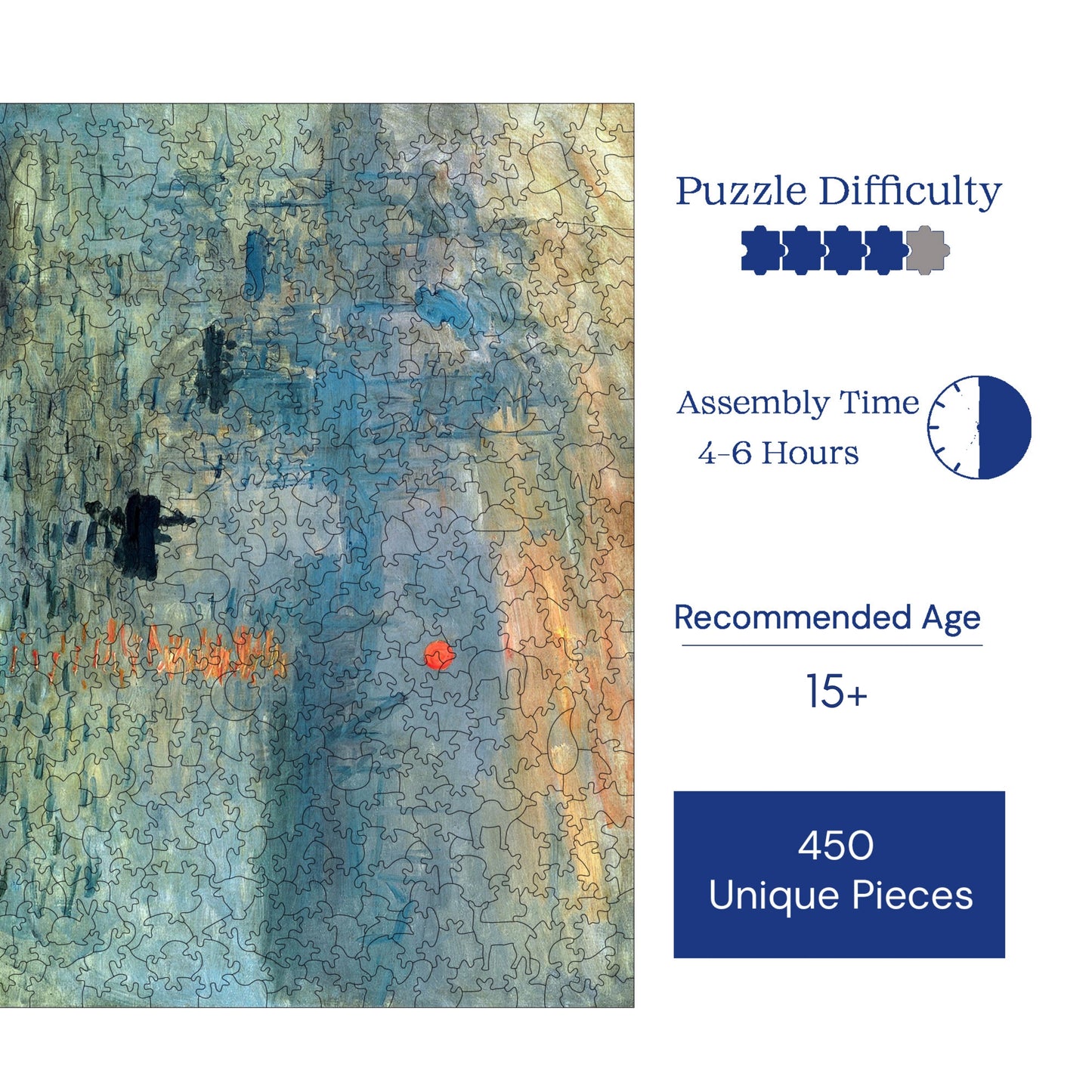 Holzpuzzle für Erwachsene, Claude Monet Impression: Sunrise Premium Puzzle, 450 Teile anspruchsvolles Holzpuzzle, 11,4"x15,4" (29x39 cm) einzigartige Form, Holzpuzzle für Erwachsene