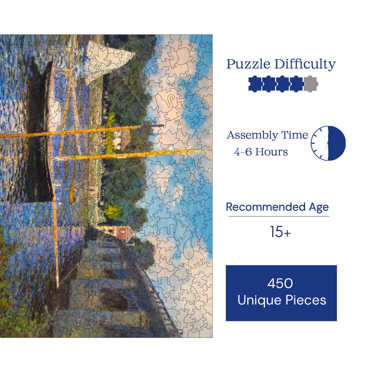 Holzpuzzle für Erwachsene, Claude Monet, Brücke von Argenteuil, Premium-Puzzle, 450 Teile, anspruchsvolles Holzpuzzle, 29 x 39 cm, einzigartige Form, Holzpuzzle für Erwachsene