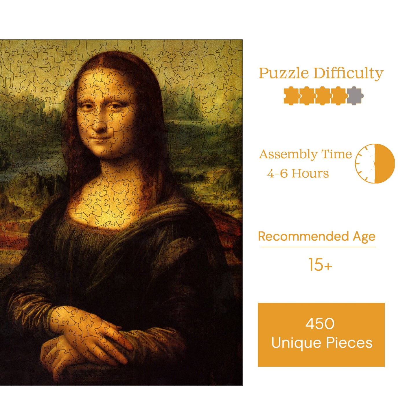 Holzpuzzle für Erwachsene, Mona Lisa Premium-Puzzle, 450 Teile anspruchsvolles Holzpuzzle, 11,4"x15,4" (29x39 cm) einzigartige Form, Holzpuzzle für Erwachsene