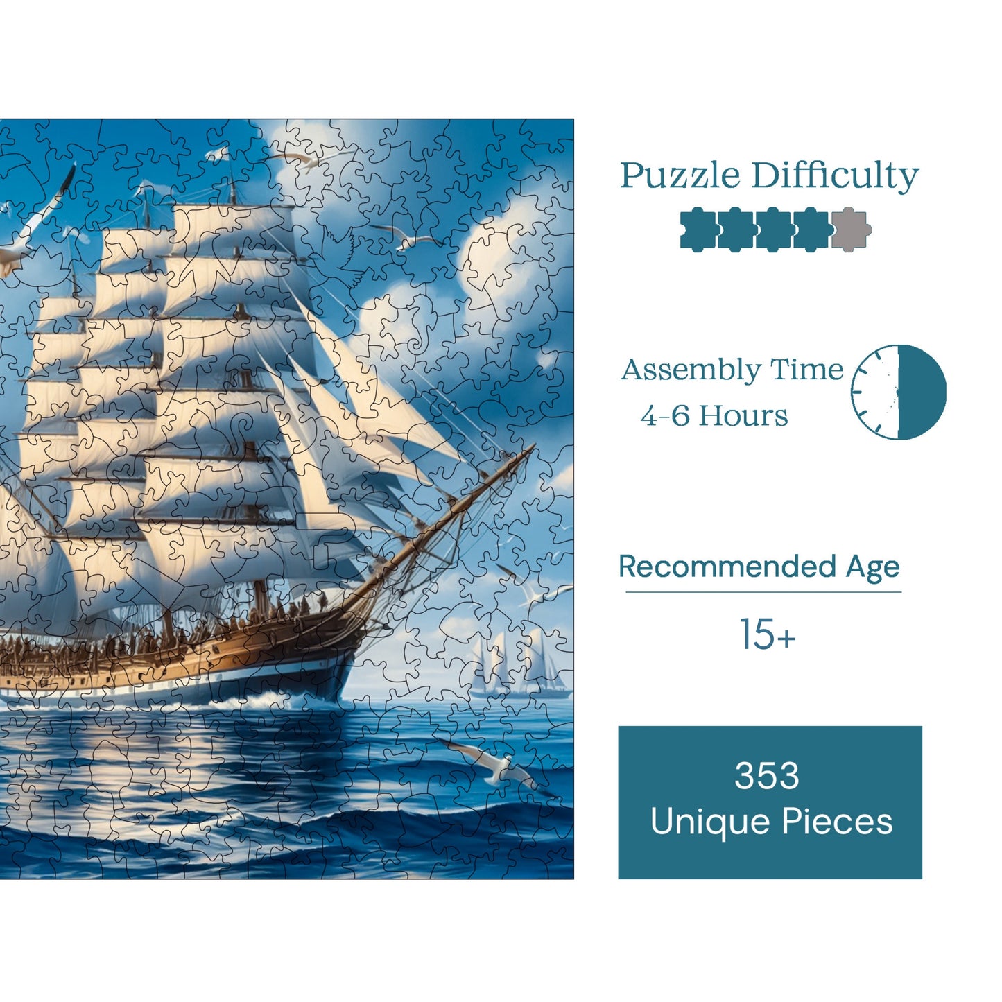 Wooden Puzzles for Adults, Sailing Legend Premium Jigsaw Puzzles, 353 Pieces Challenging Wooden Jigsaw, 11,4"x11,4" (29x29 cm)
