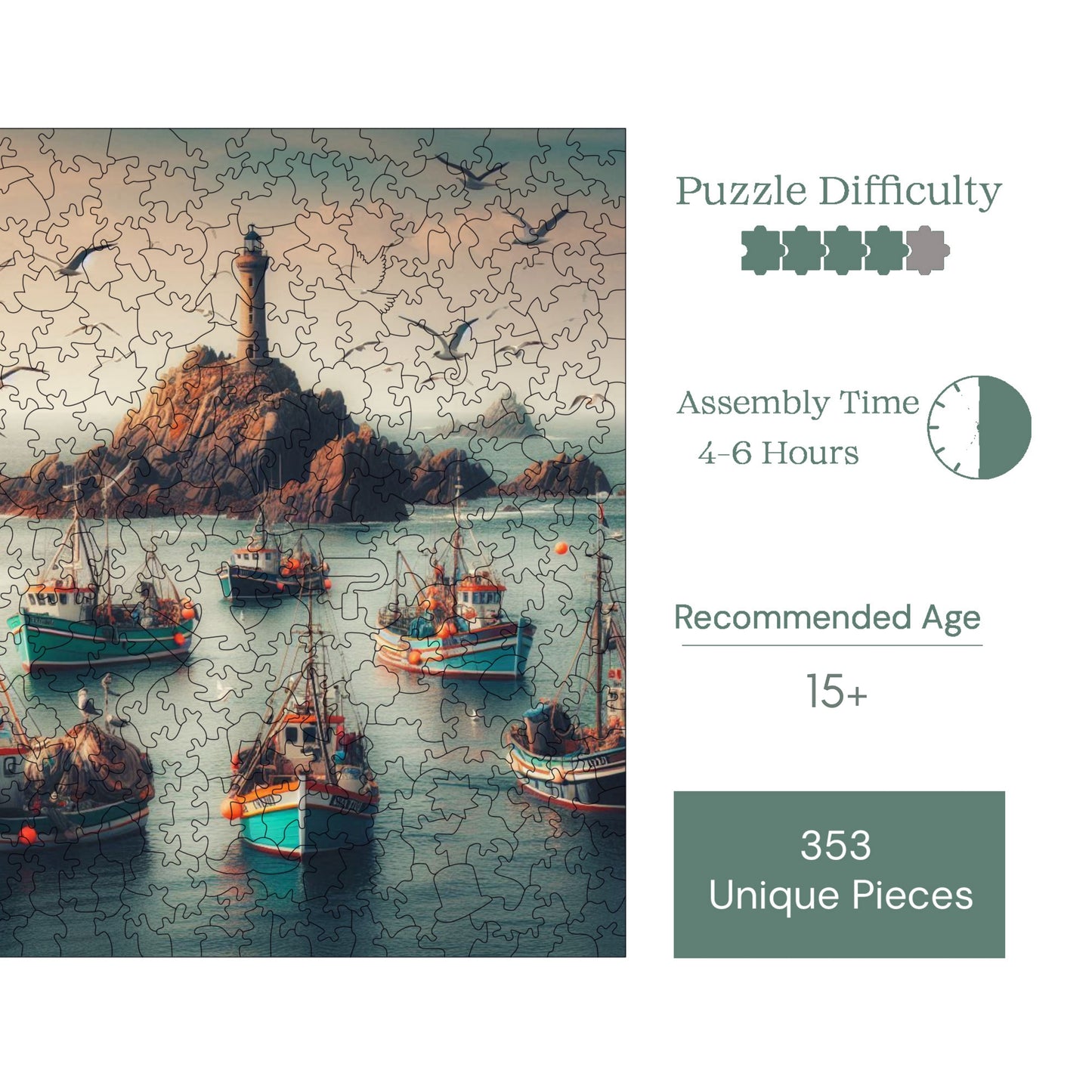Wooden Puzzles for Adults, Fisherman's Bay Premium Jigsaw Puzzles, 353 Pieces Challenging Wooden Jigsaw, 11,4"x11,4" (29x29 cm)